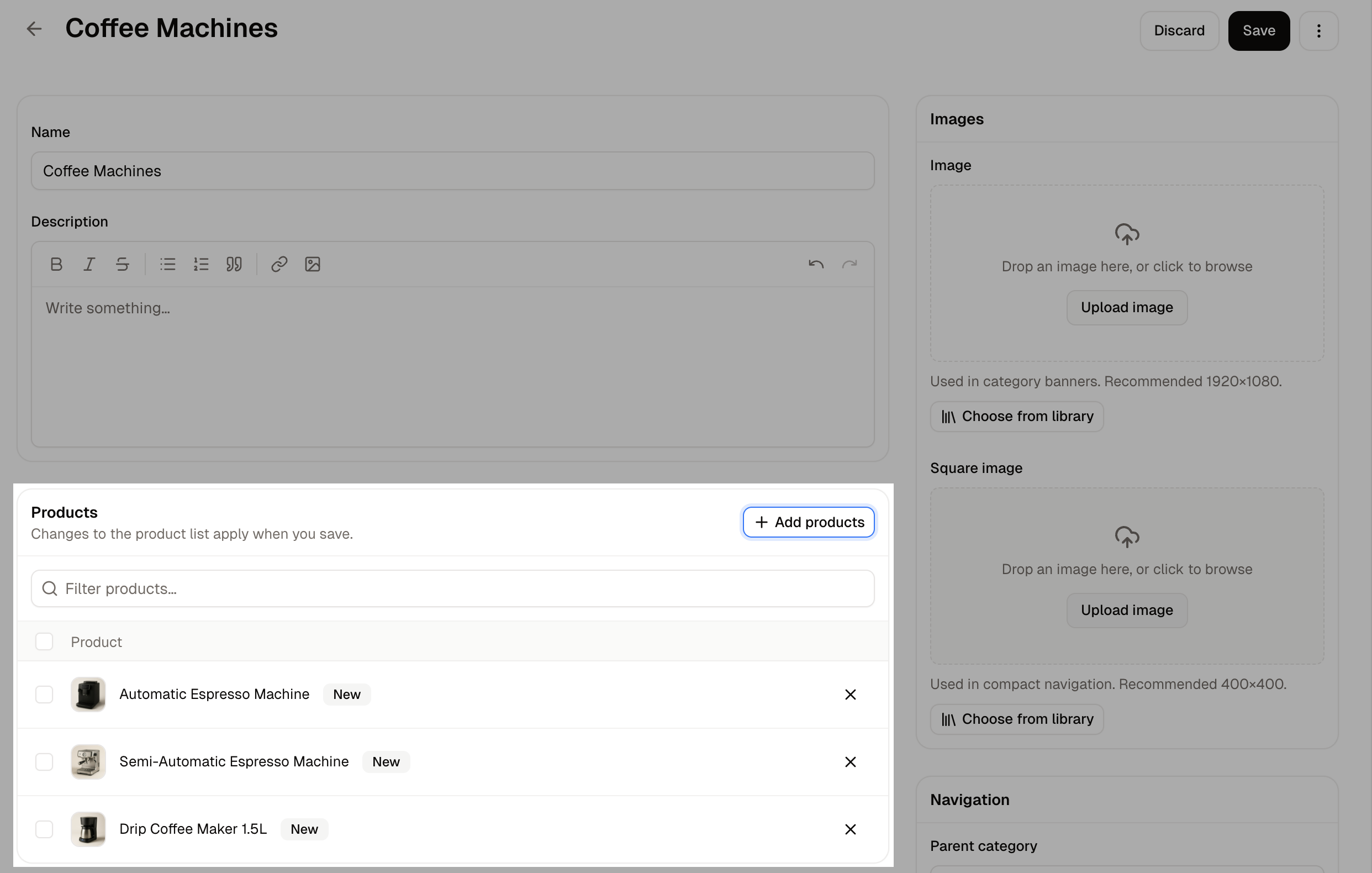Three products added to a category and marked New, waiting for Save