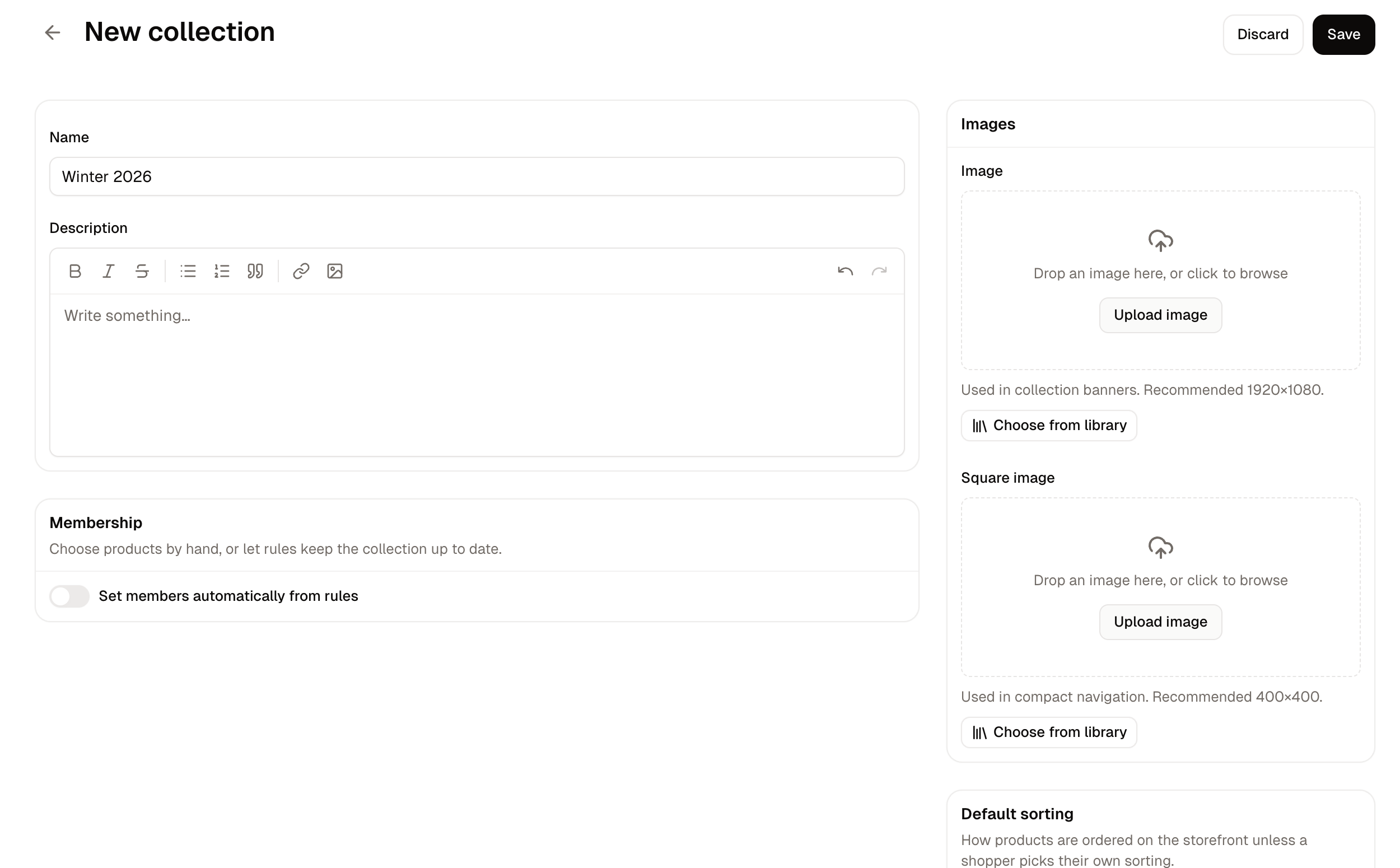 The New collection form, with its name, description, default sorting and the rules switch