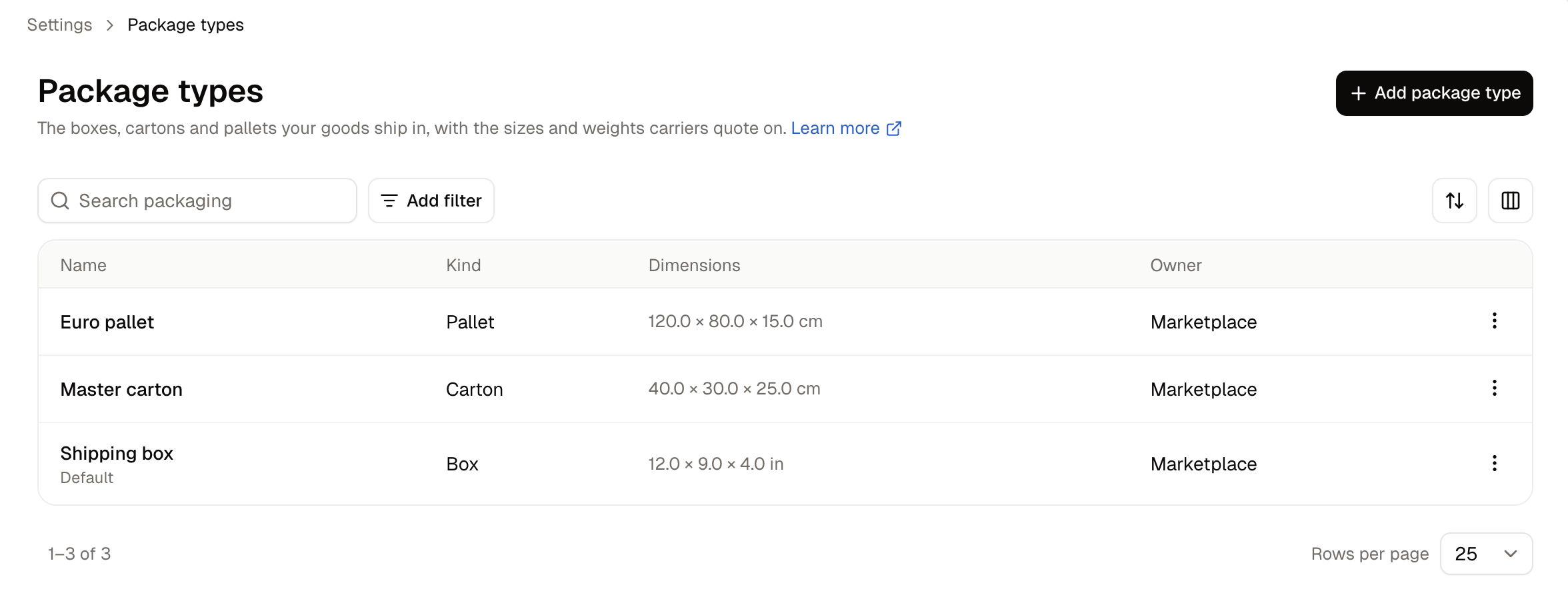 The Package types list, showing each type's dimensions and volume