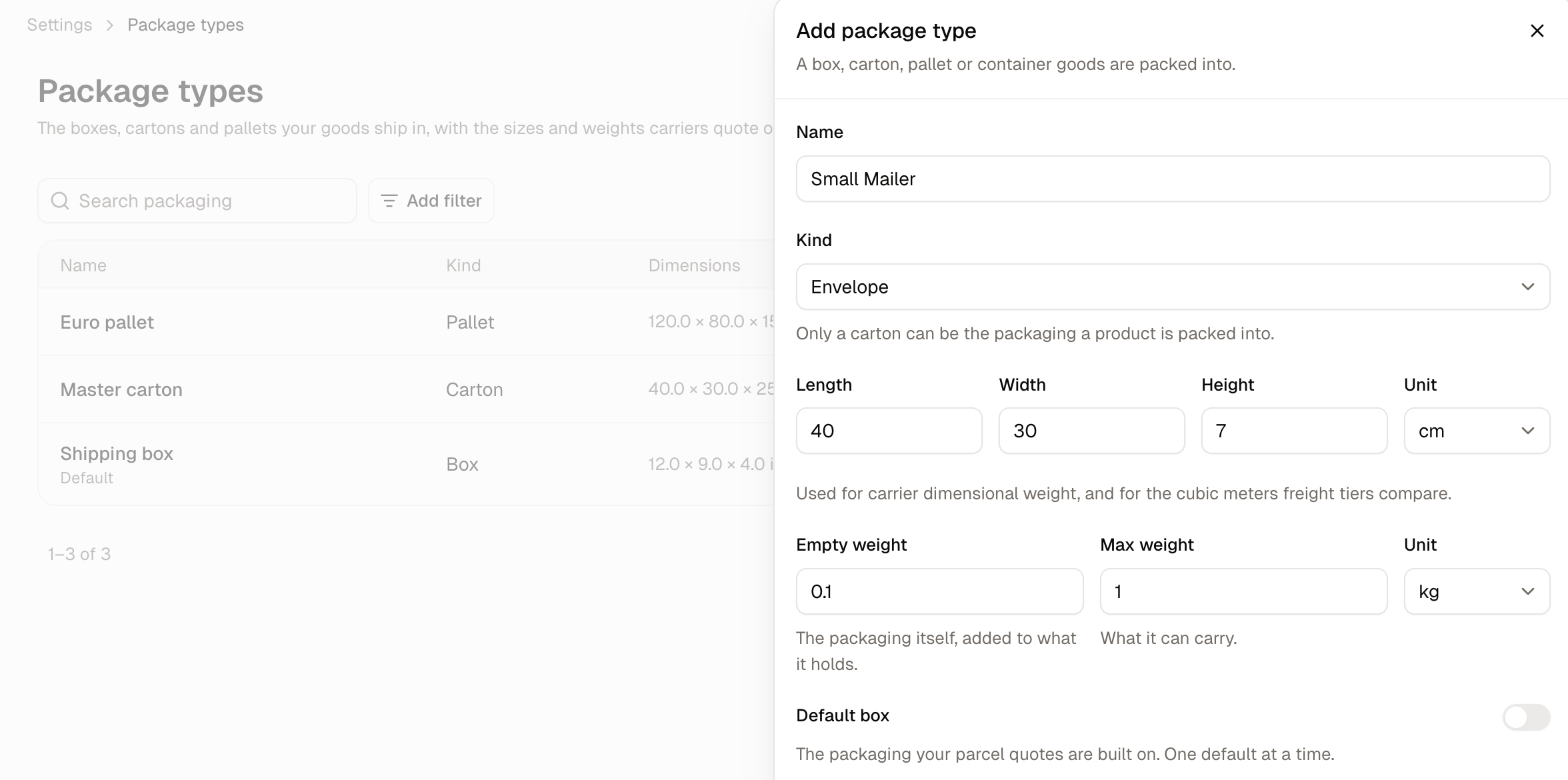The Add package type panel