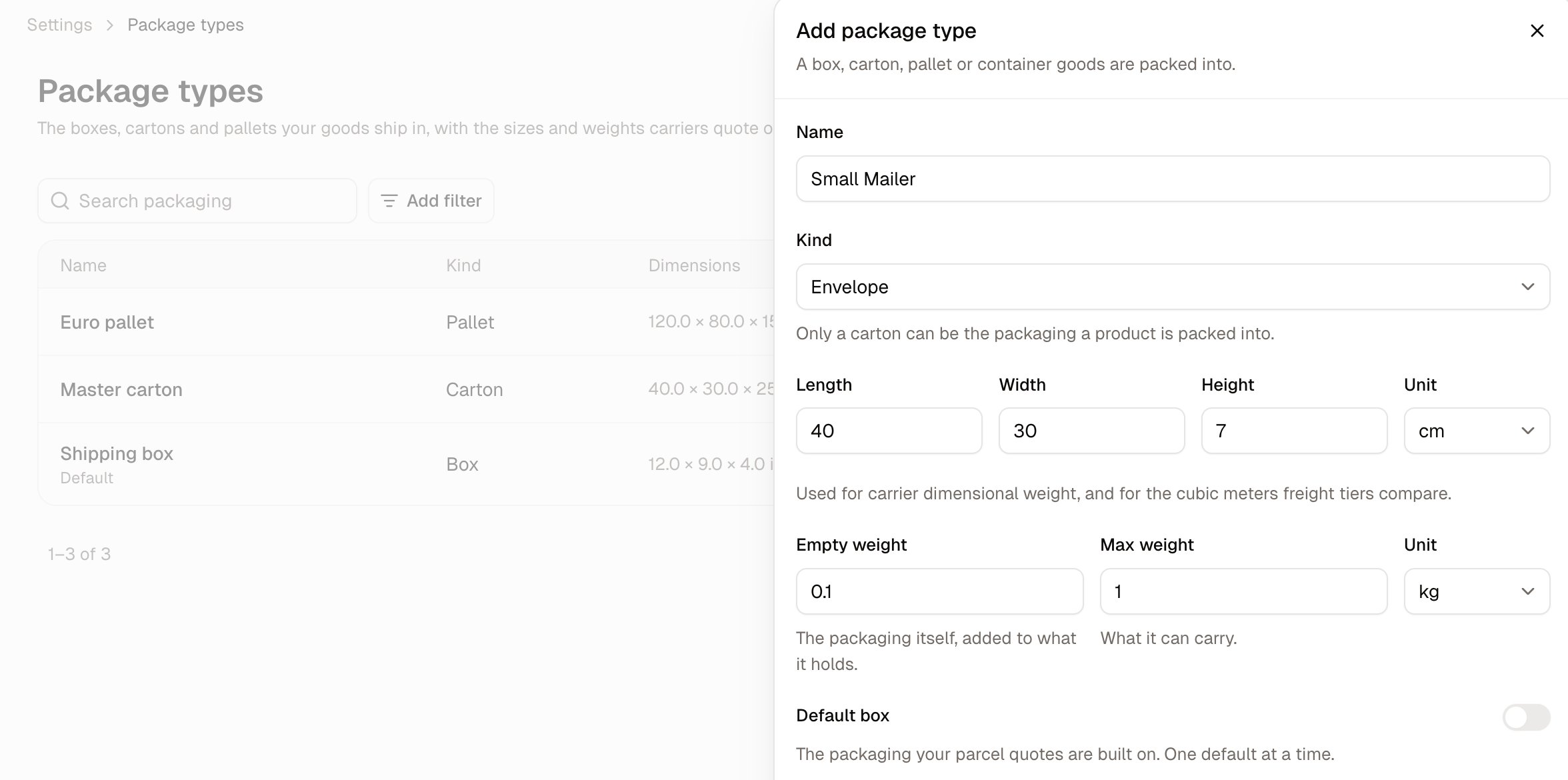 The Add package type panel