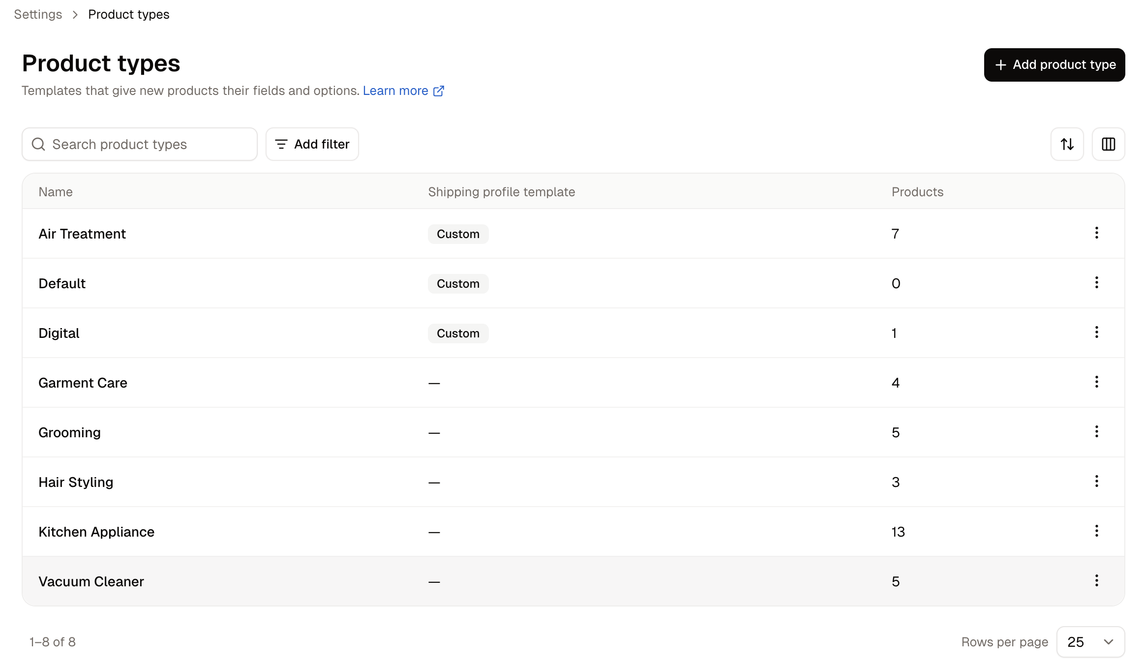 The Product types list, showing each type and how many products carry it