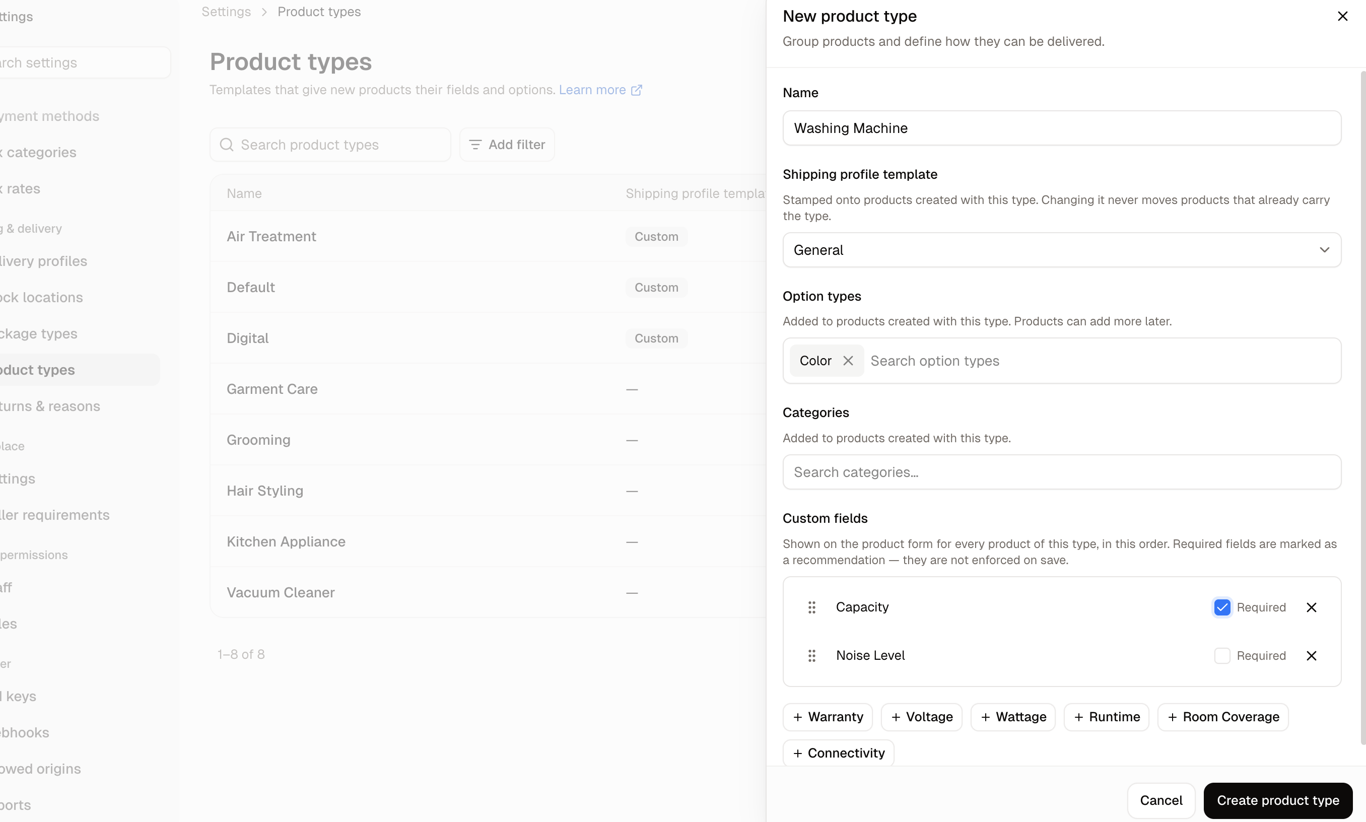 The New product type panel