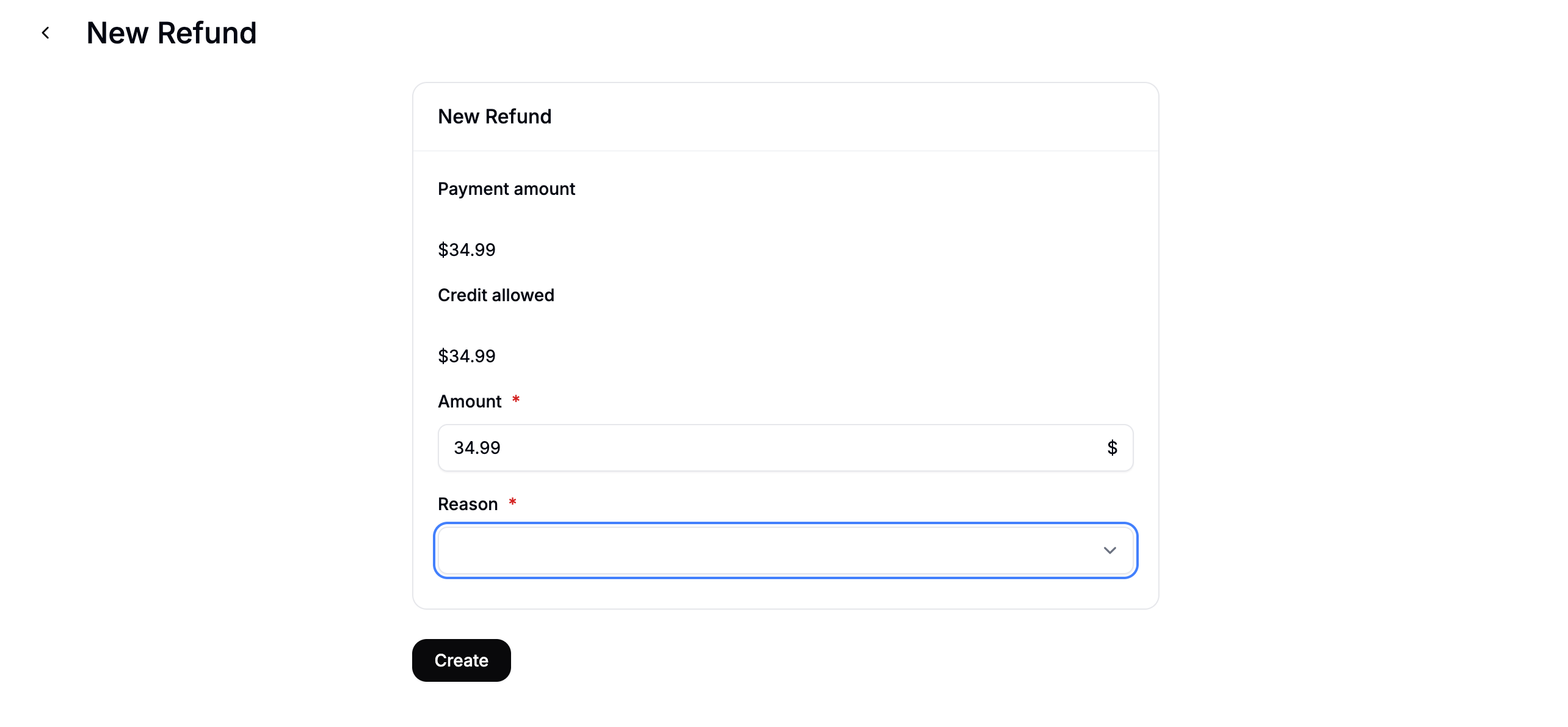 The refund creation form in the Spree Commerce dashboard