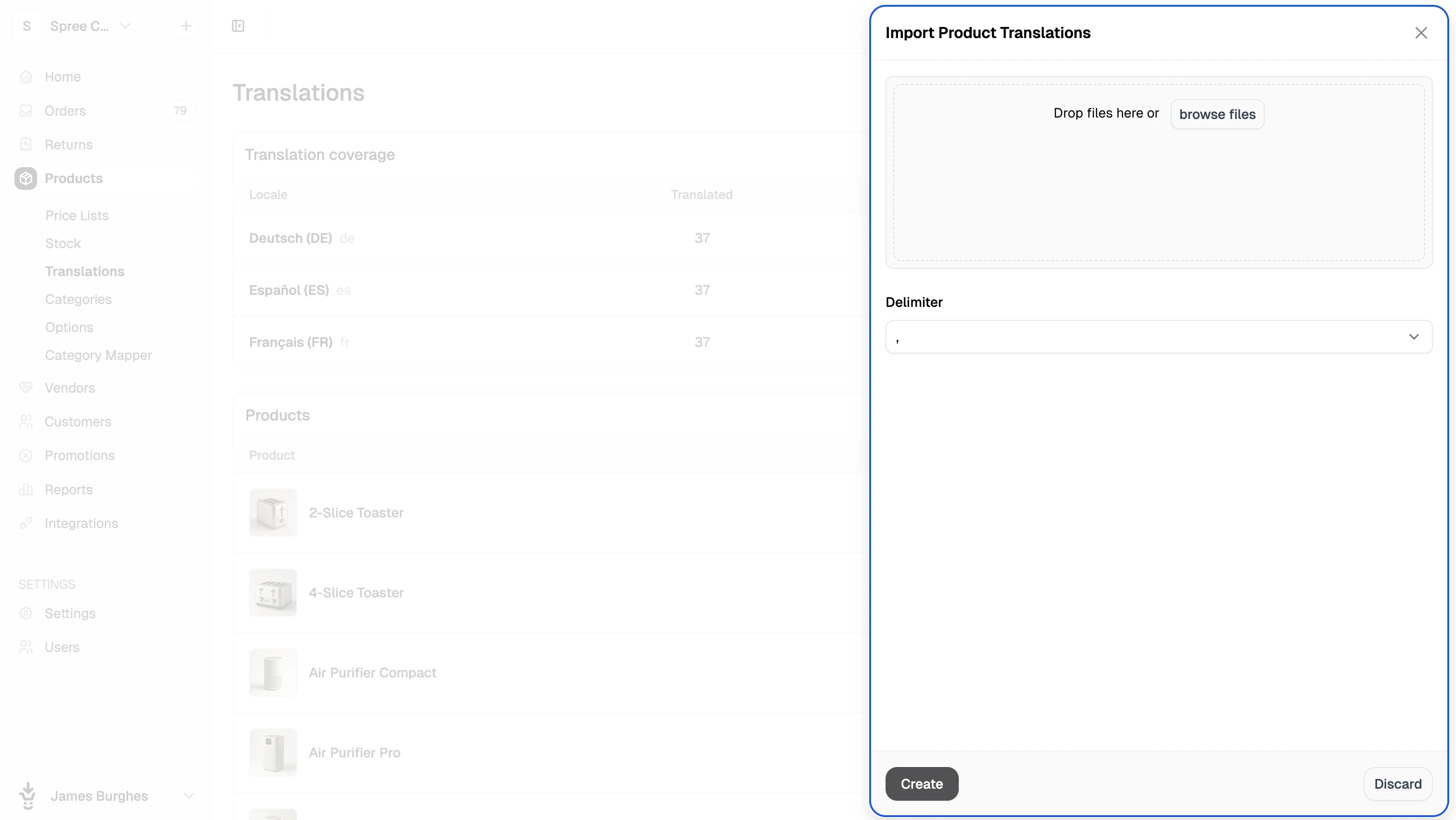 The import side panel for bulk translations