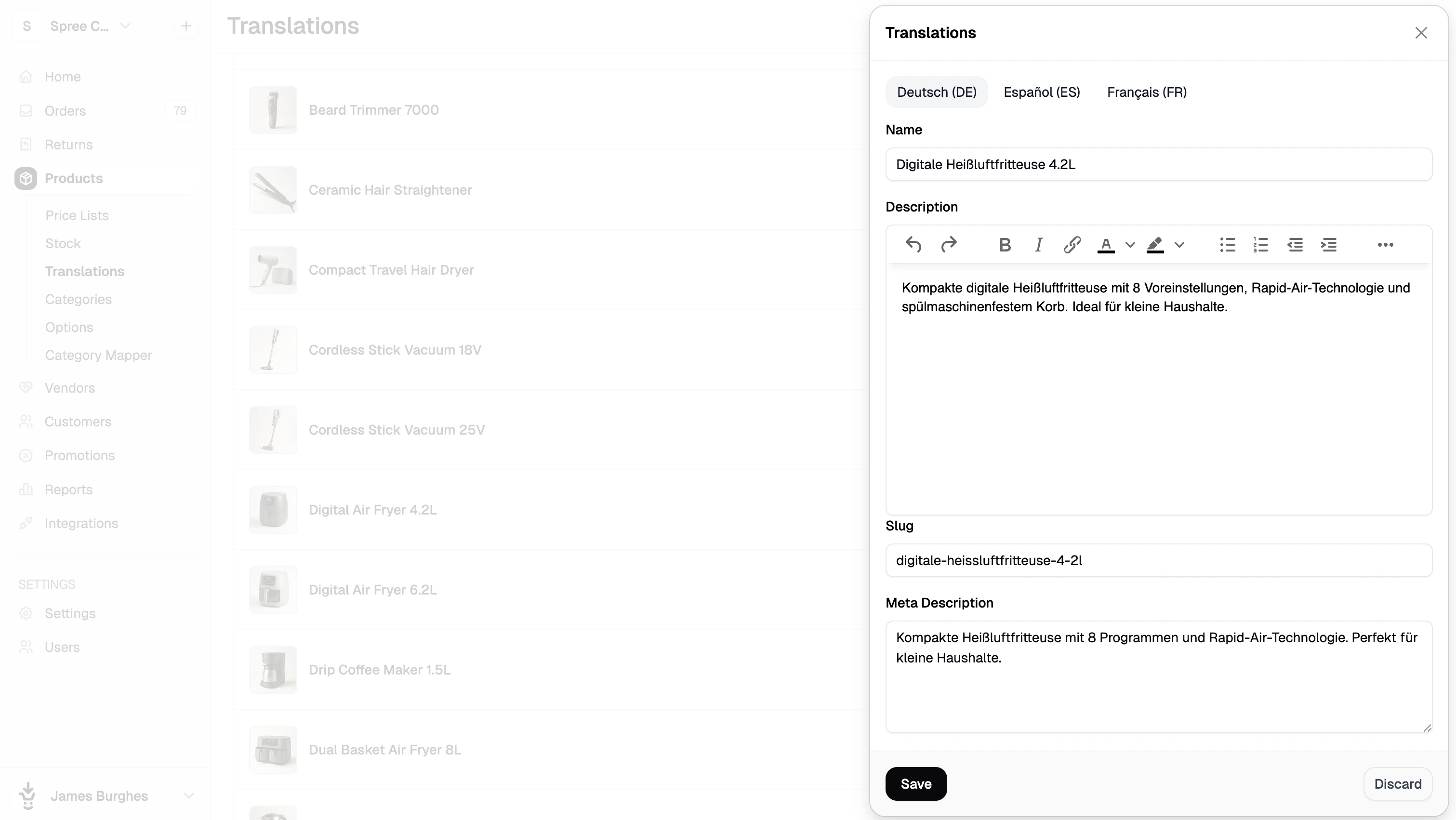 The translation drawer open for an individual product showing fields for each locale
