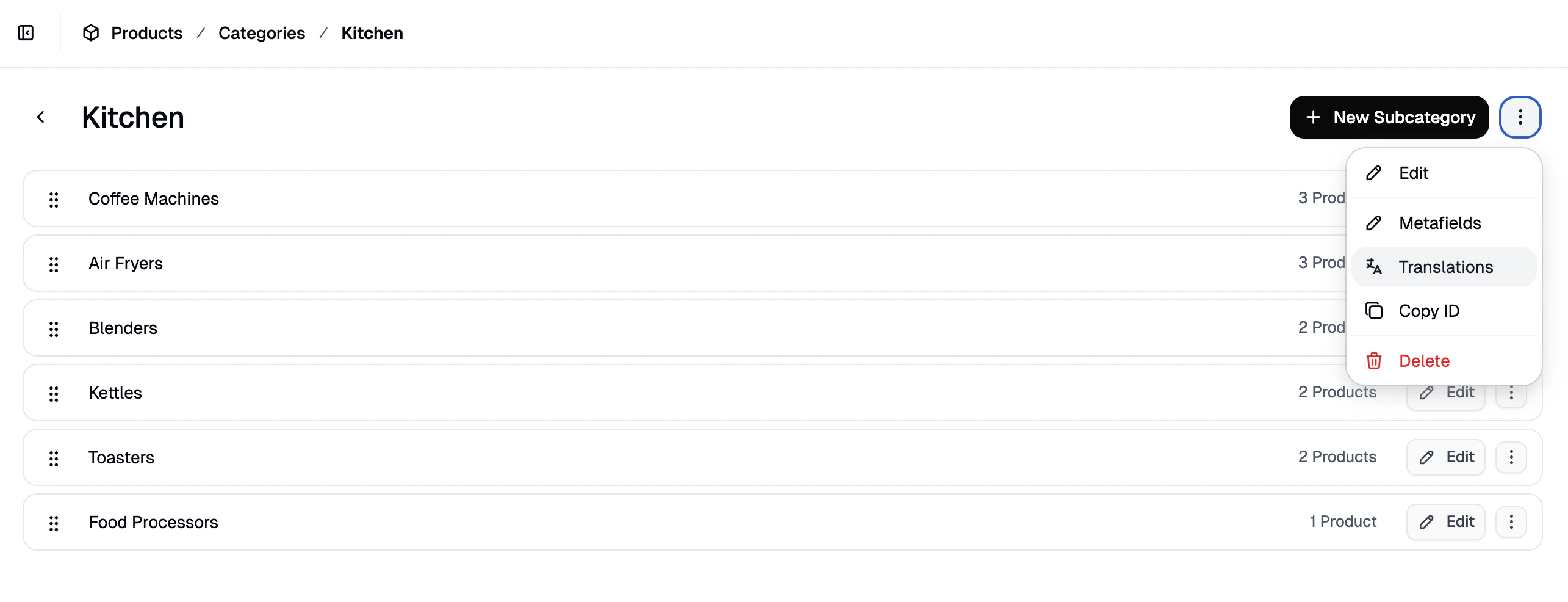 A category open in the category configurator