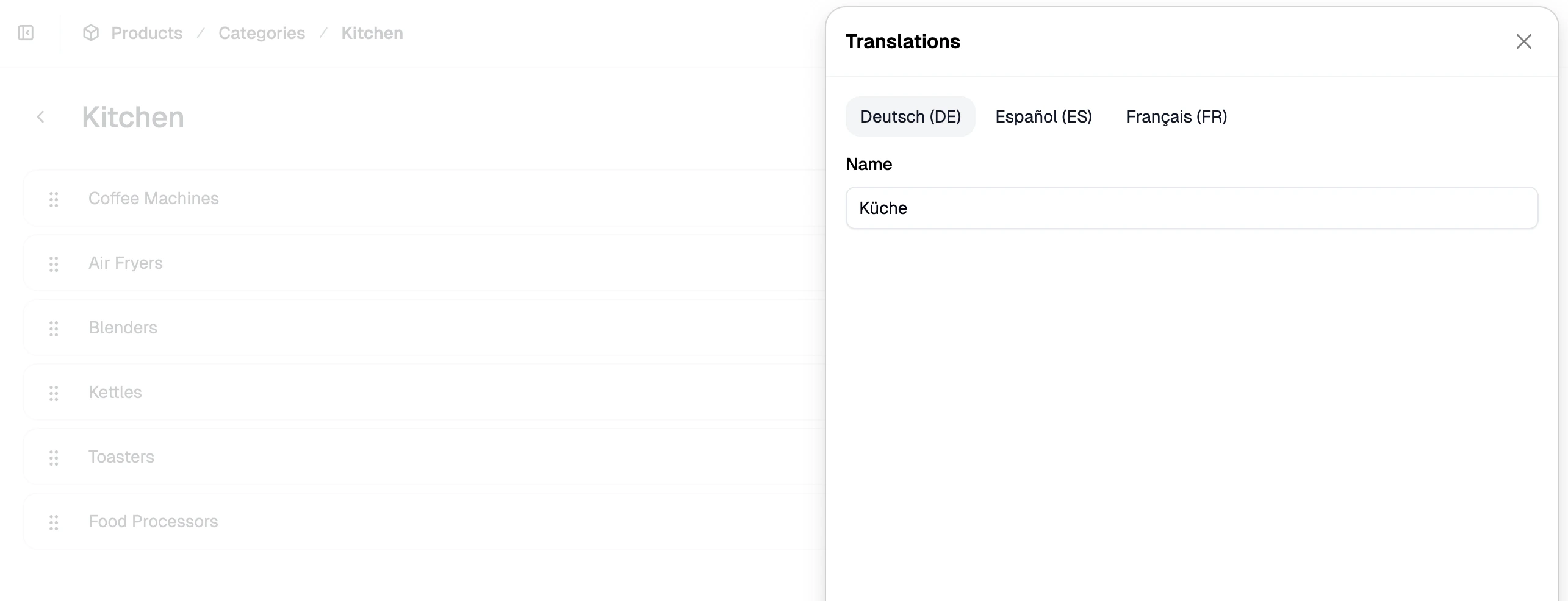 The translations side panel open for a category