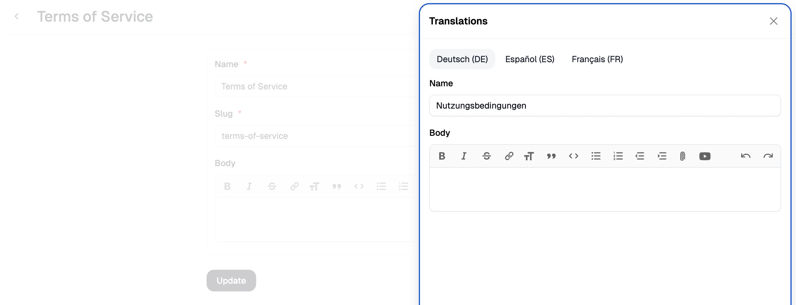 The translations side panel open for a policy