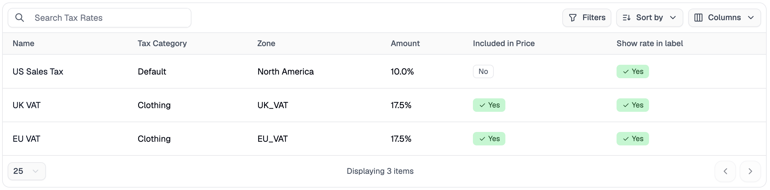 The Tax Rates overview page listing all configured tax rates