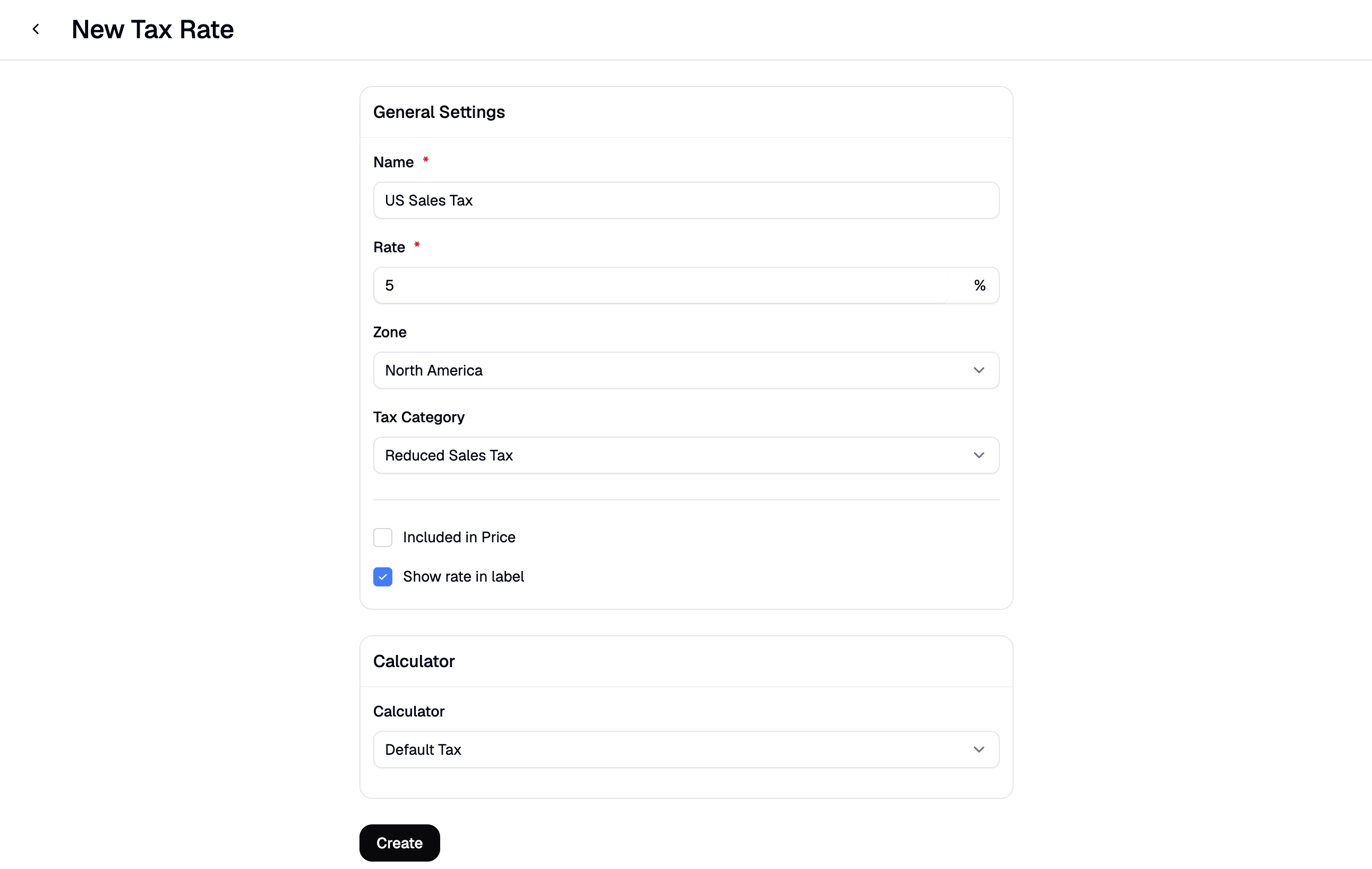 The New Tax Rate creation form