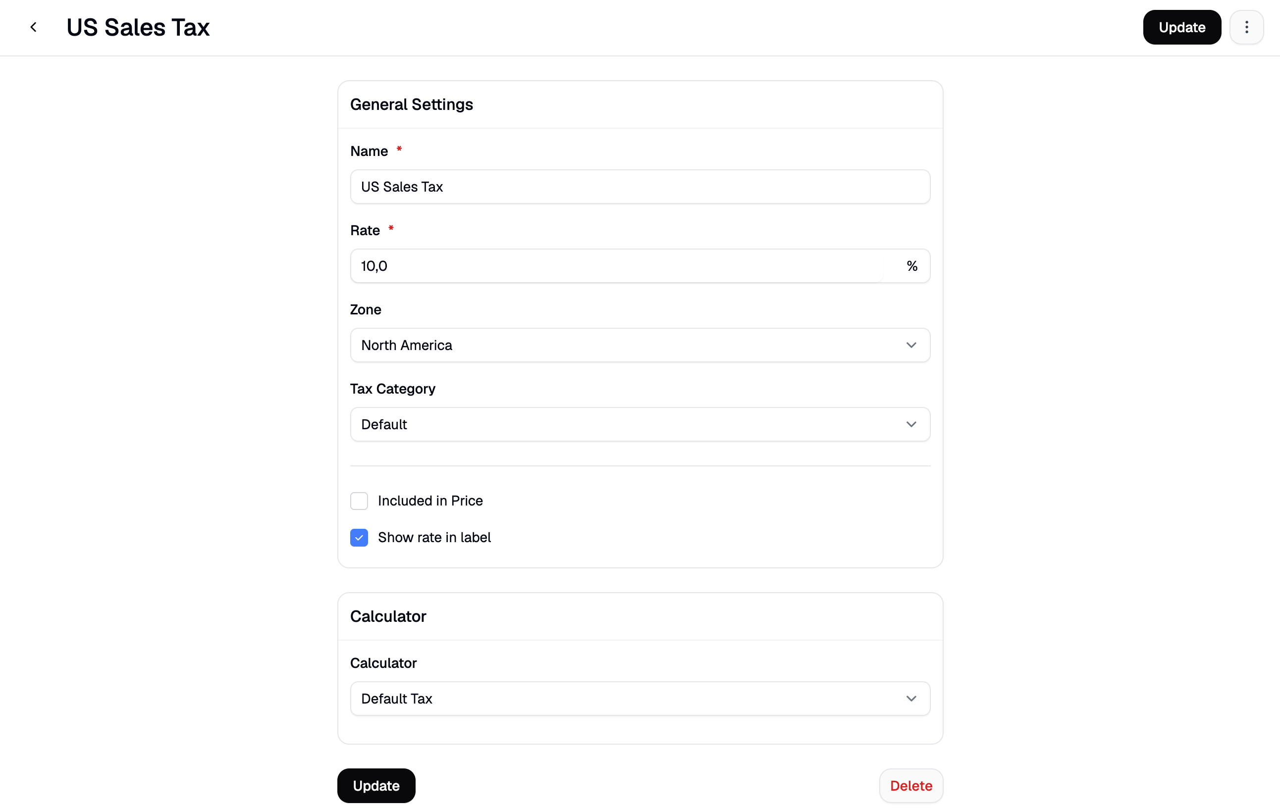 The Edit Tax Rate form, pre-filled with an existing rate's data
