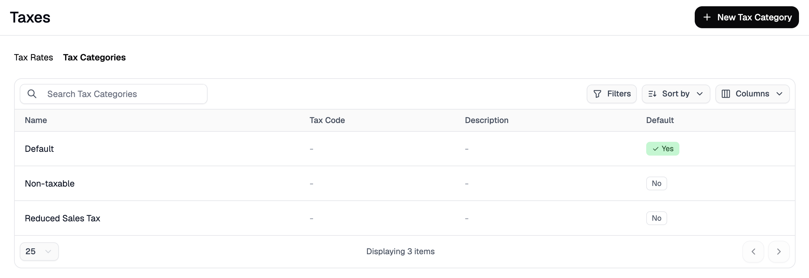 The Tax Categories overview page listing all configured tax categories