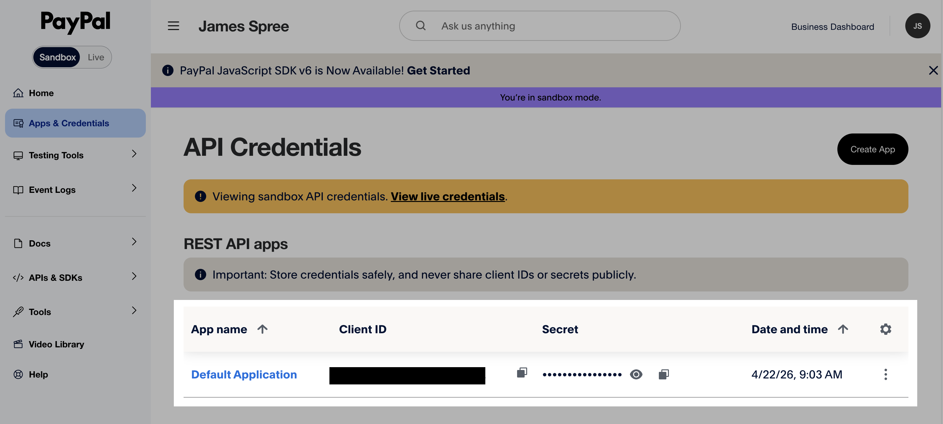 The PayPal credentials page showing Client ID and Secret