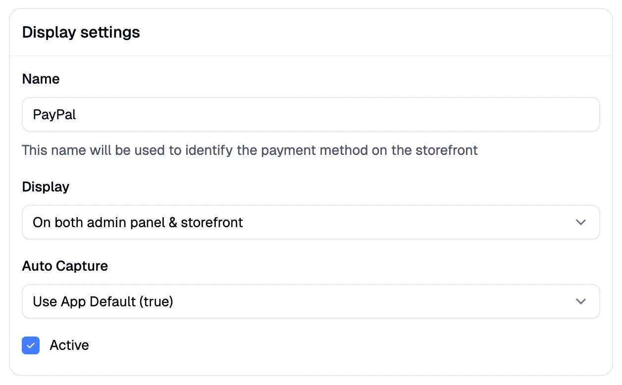 The PayPal Additional Settings panel after the payment method is created