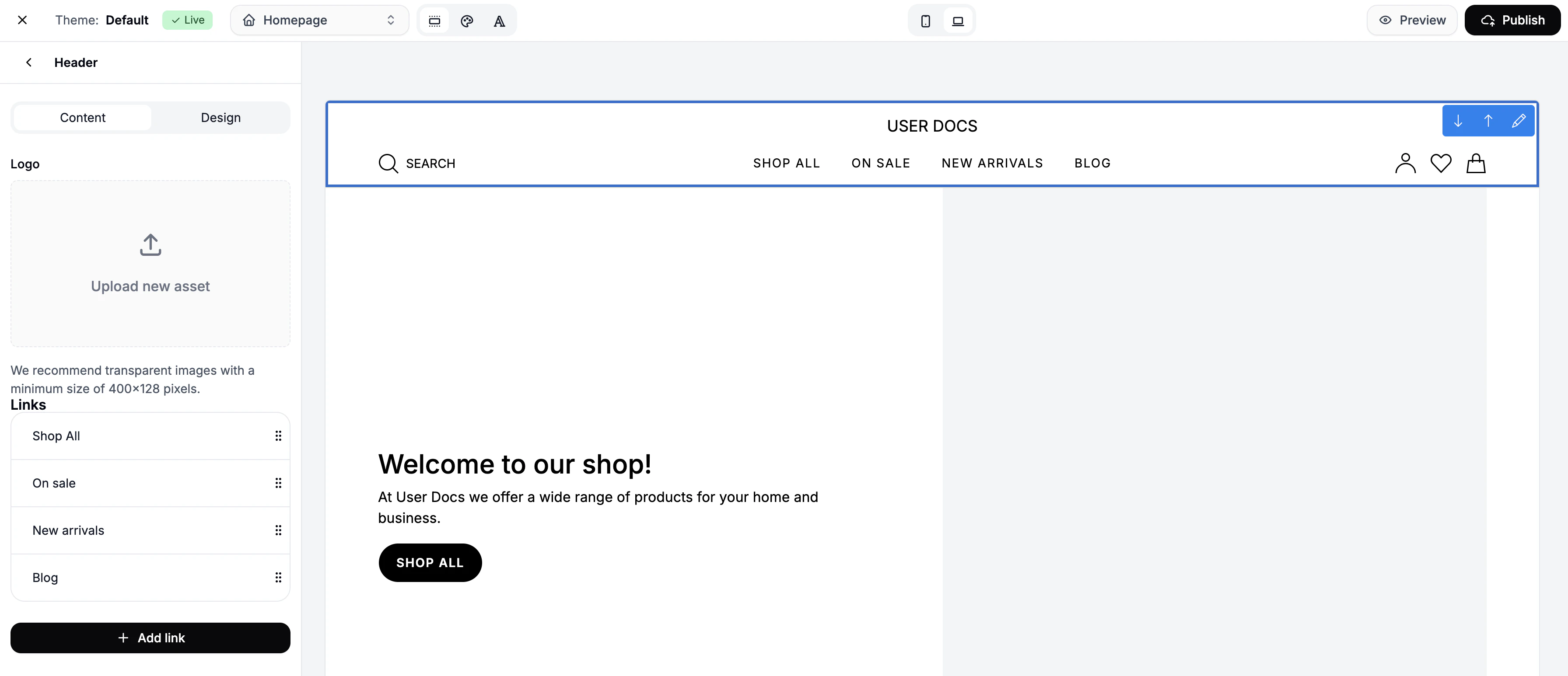 Configuring the header in the Spree Commerce theme editor