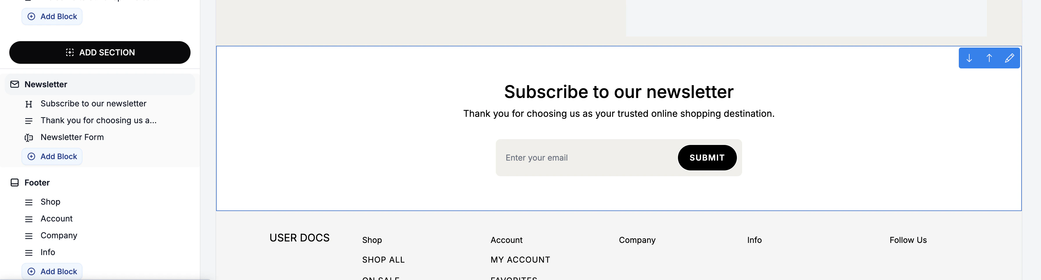 Configuring the newsletter sections in the Spree Commerce theme editor