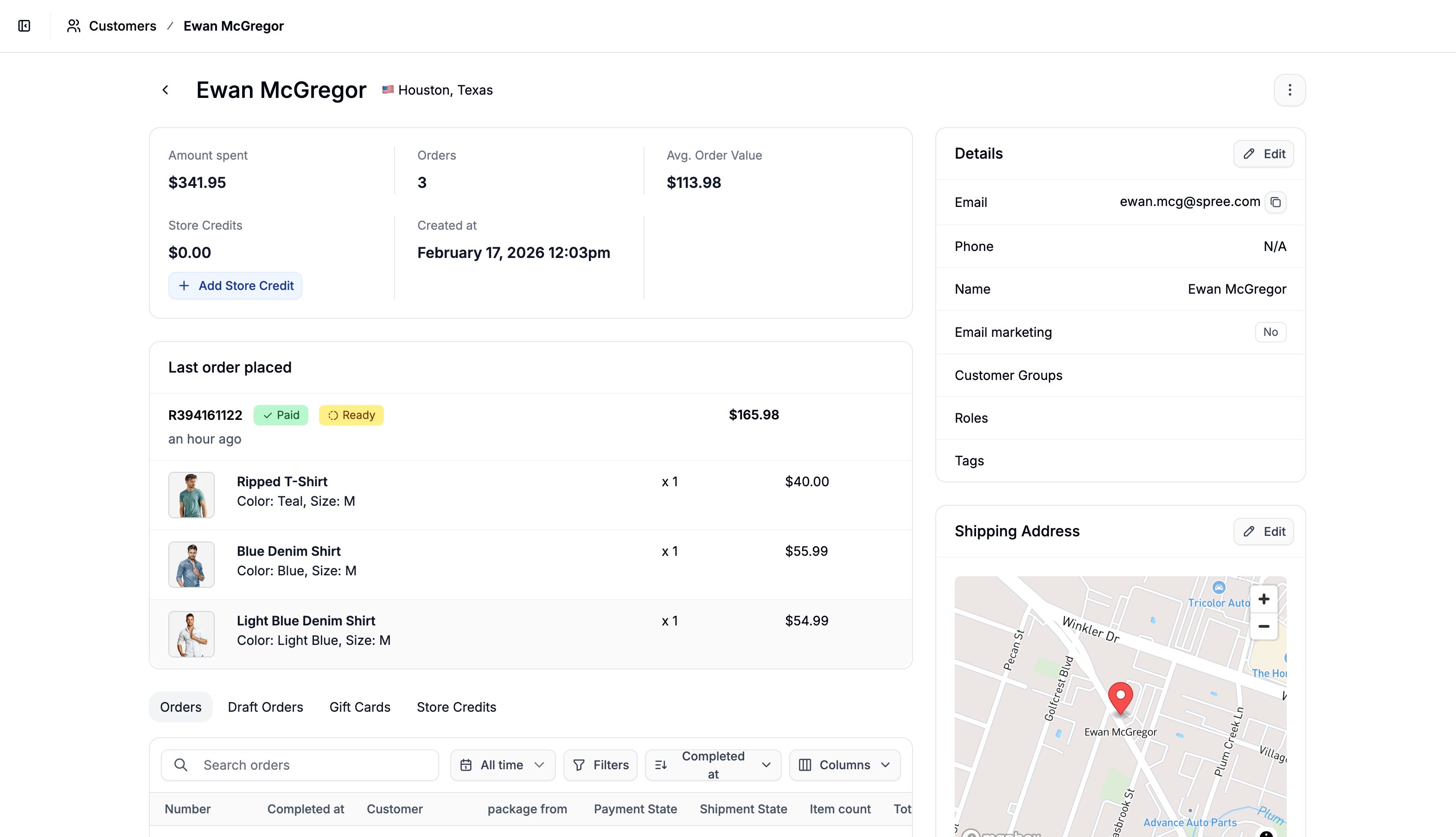 A customer's profile in the Spree Commerce dashboard