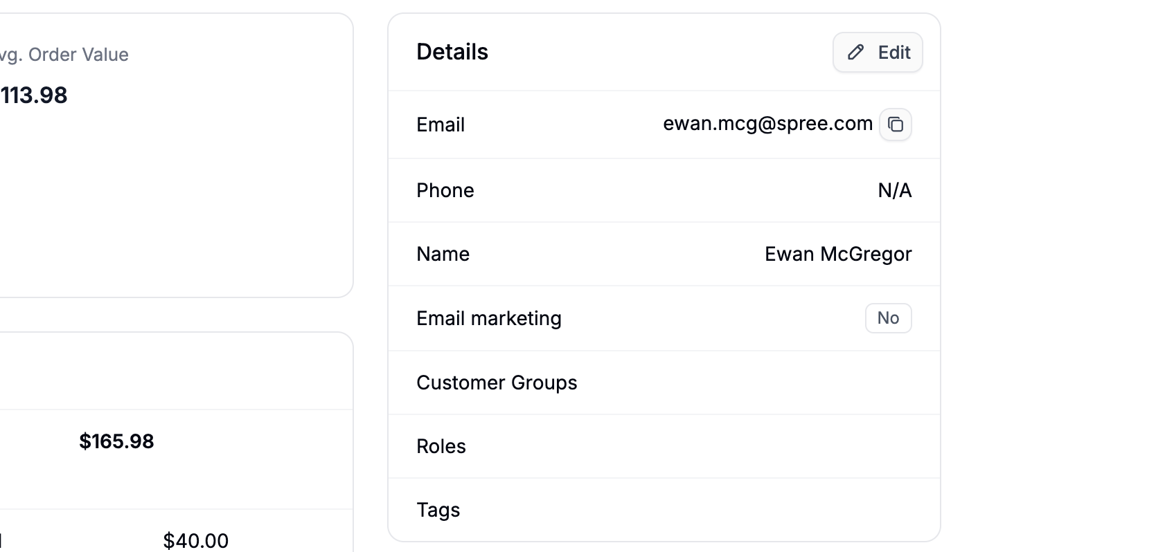 A customer's personal details in the Spree Commerce dashboard