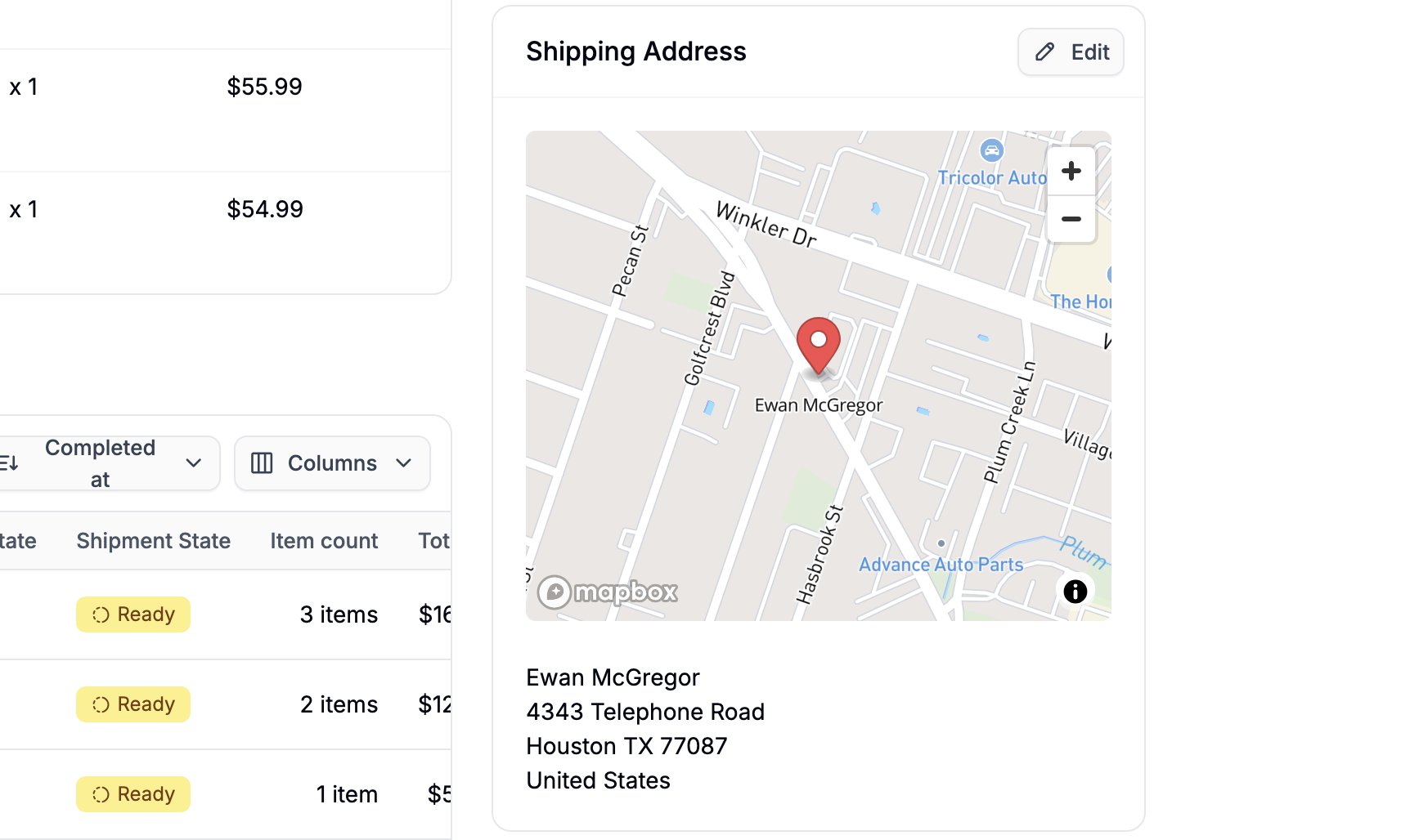 A customer's shipping address in the Spree dashboard