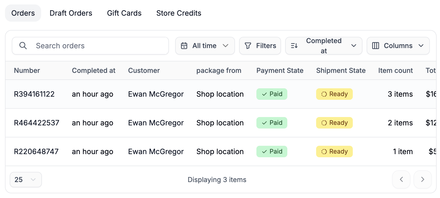 Orders subsection of the customer proflile in the Spree dashboard