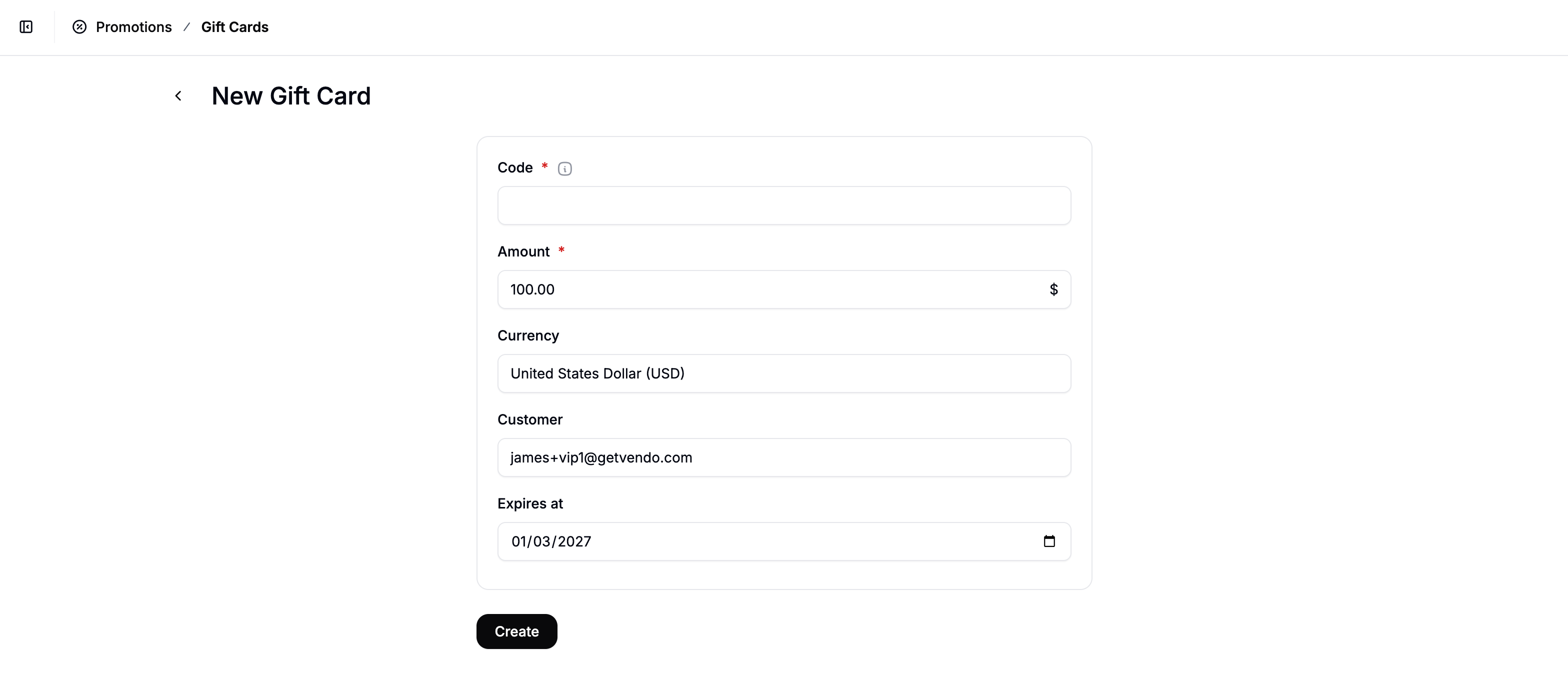 Creating a single gift card in Spree Commerce