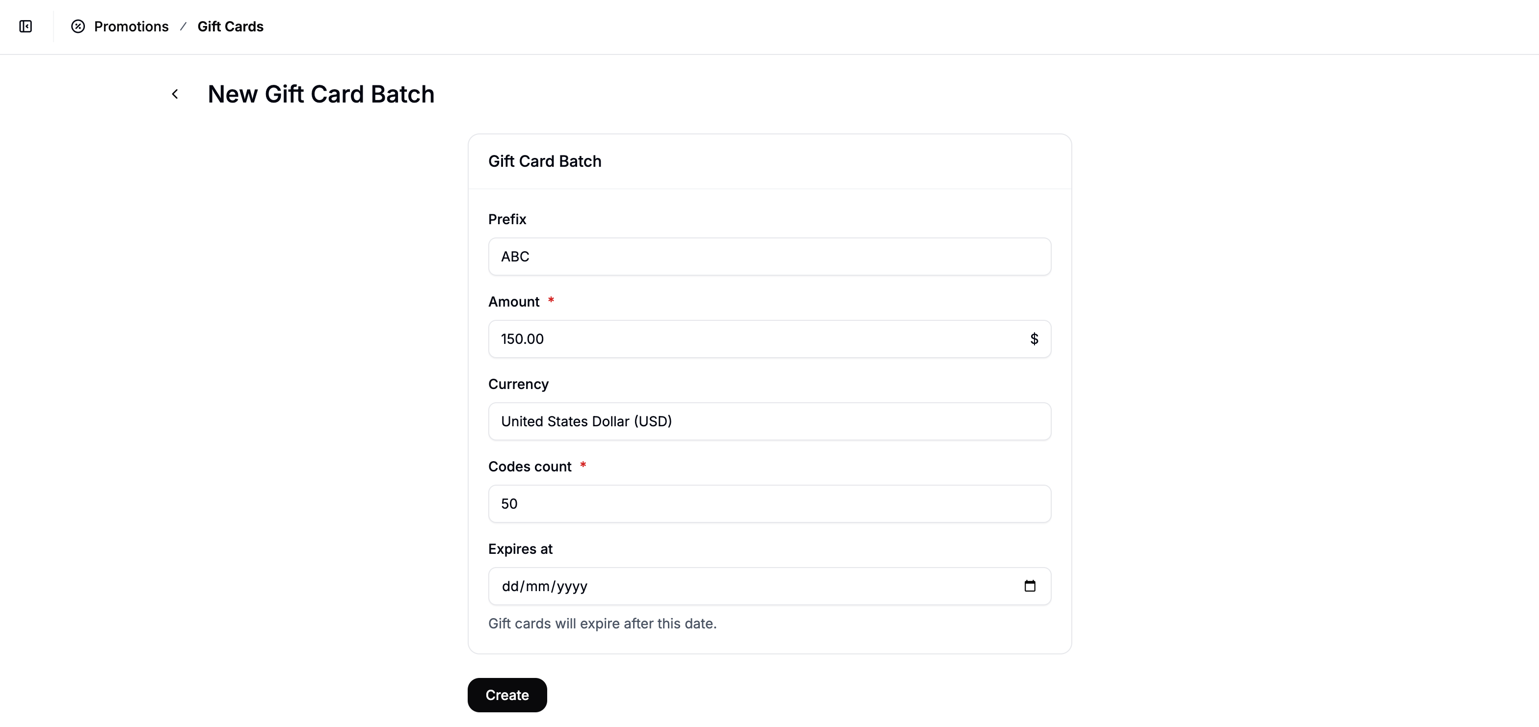Creating a batch of gift cards in the Spree Commerce dashboard