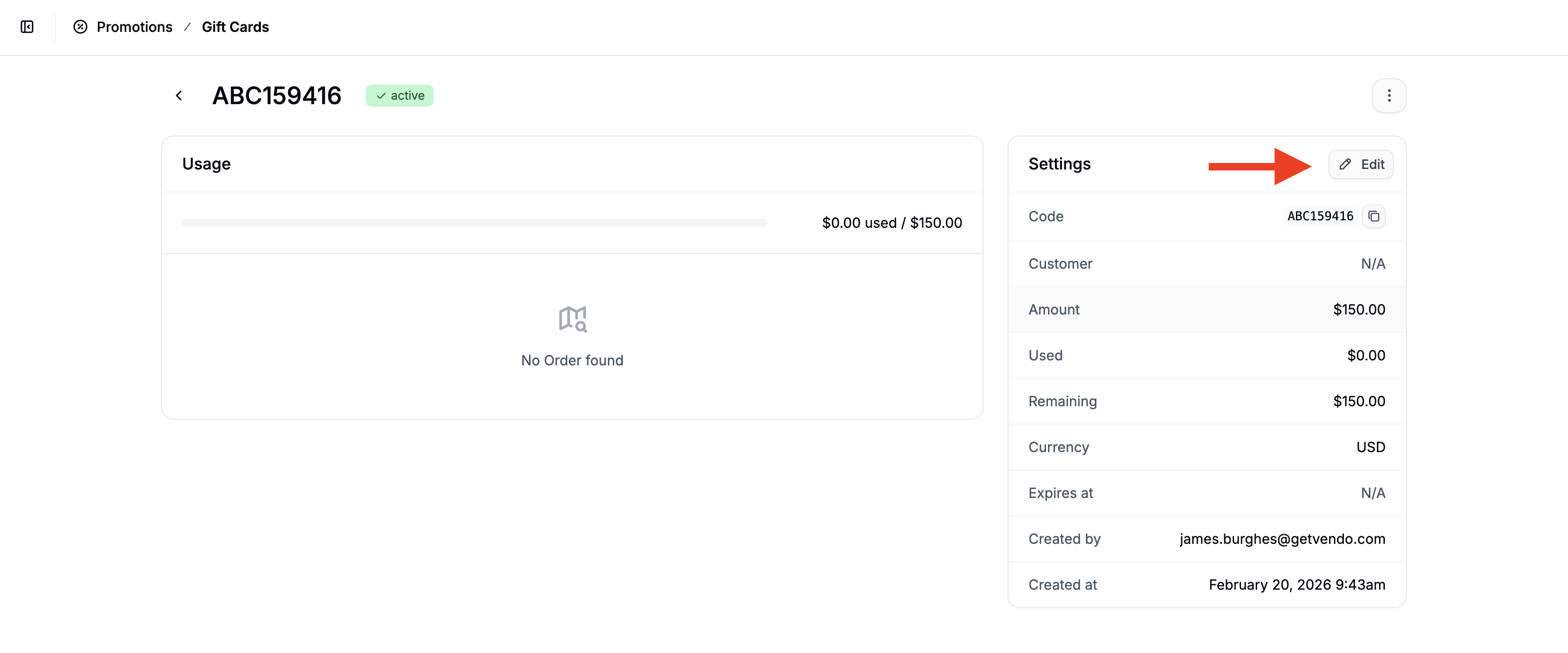 How to edit a gift card in the Spree Commerce dashboard