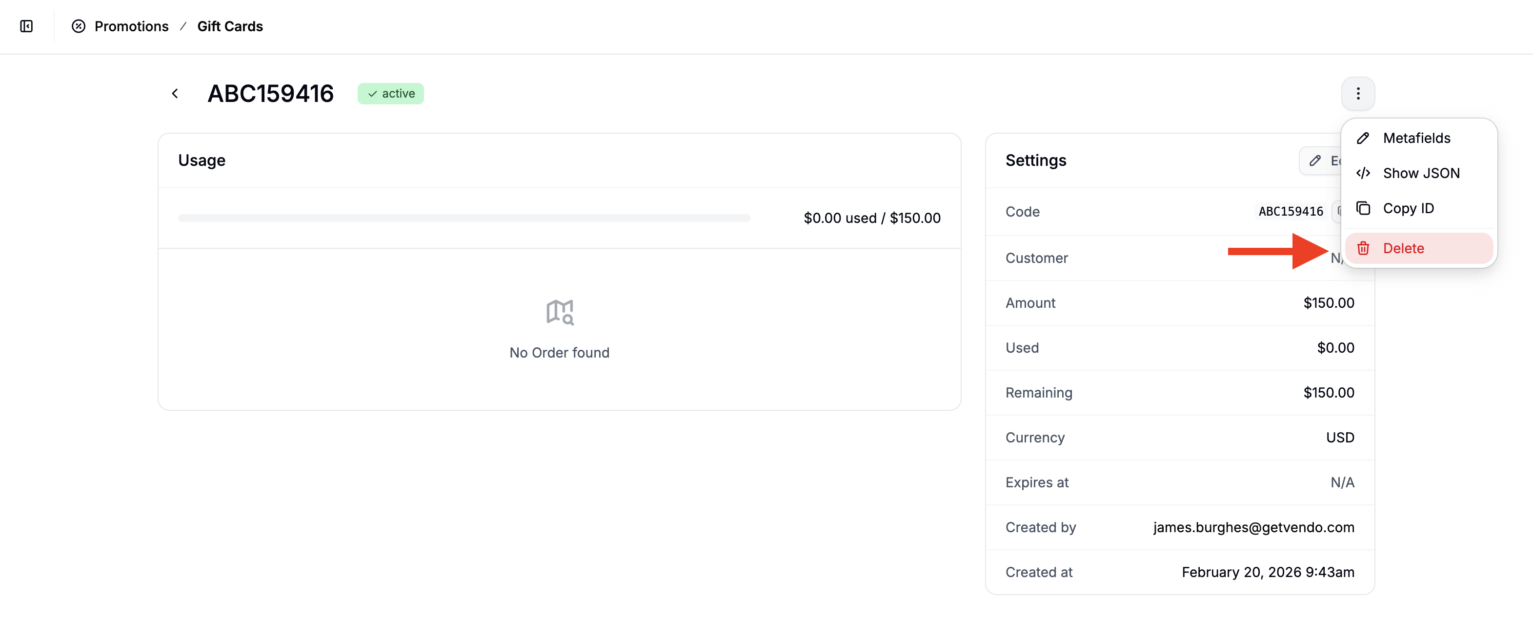 How to delete a gift card in the Spree Commerce dashboard