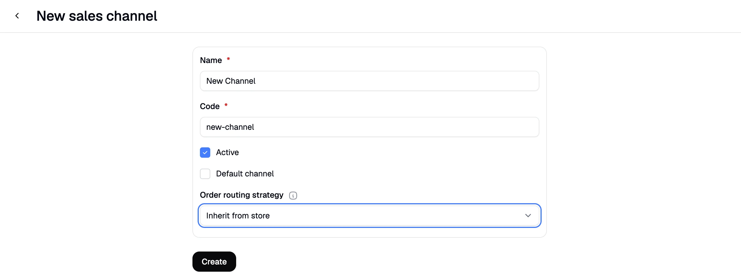 The sales channel creation form in Spree Commerce