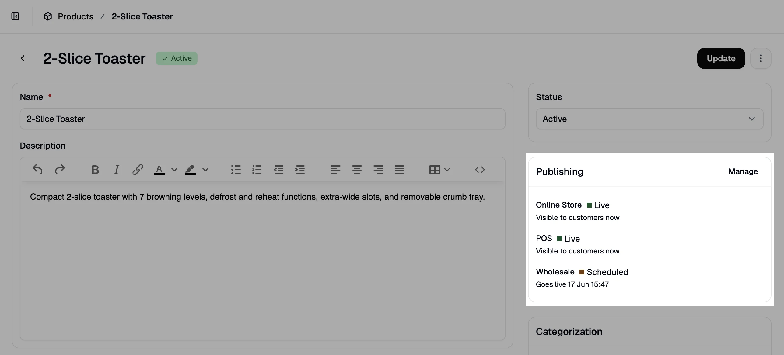 The Publishing card on the product editor showing assigned sales channels