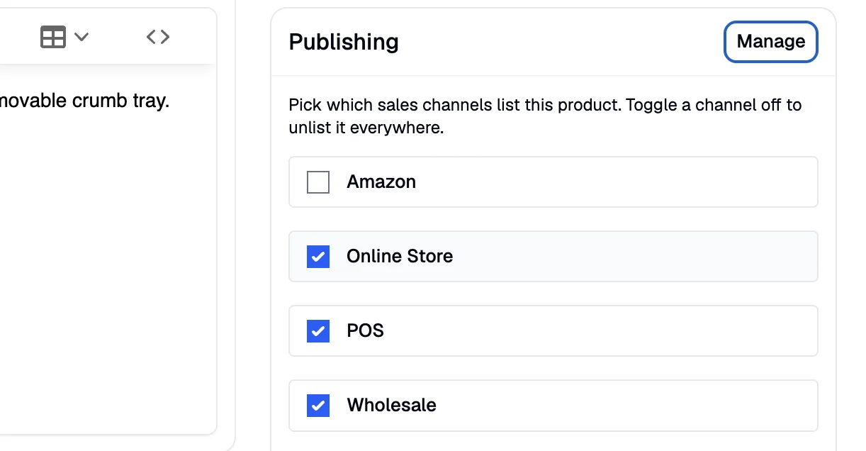 The channel assignment panel for a product