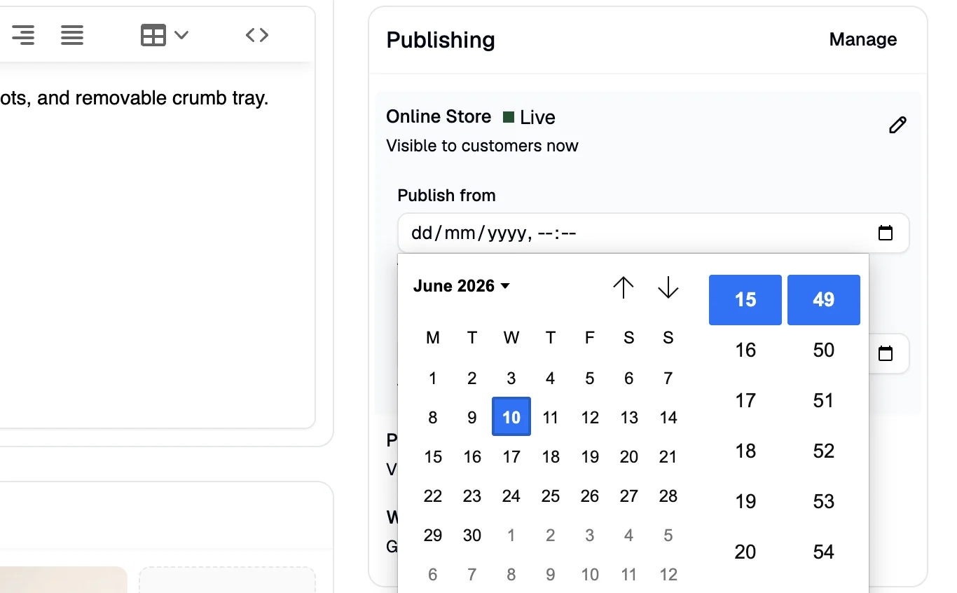 Editing scheduling settings for a product on a specific sales channel