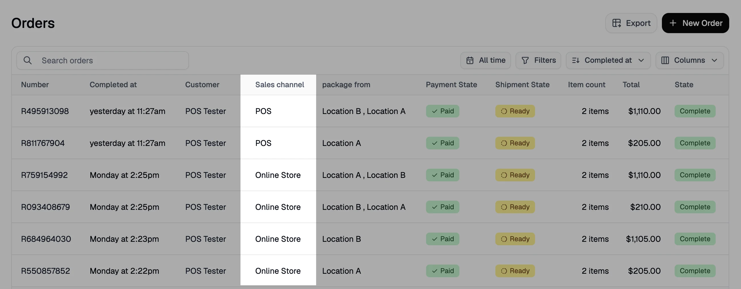 The Orders list in Spree Commerce showing the Channel column