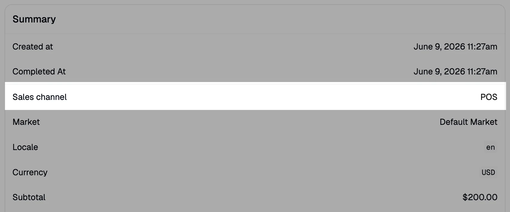 The order details page in Spree Commerce showing the channel in the order summary