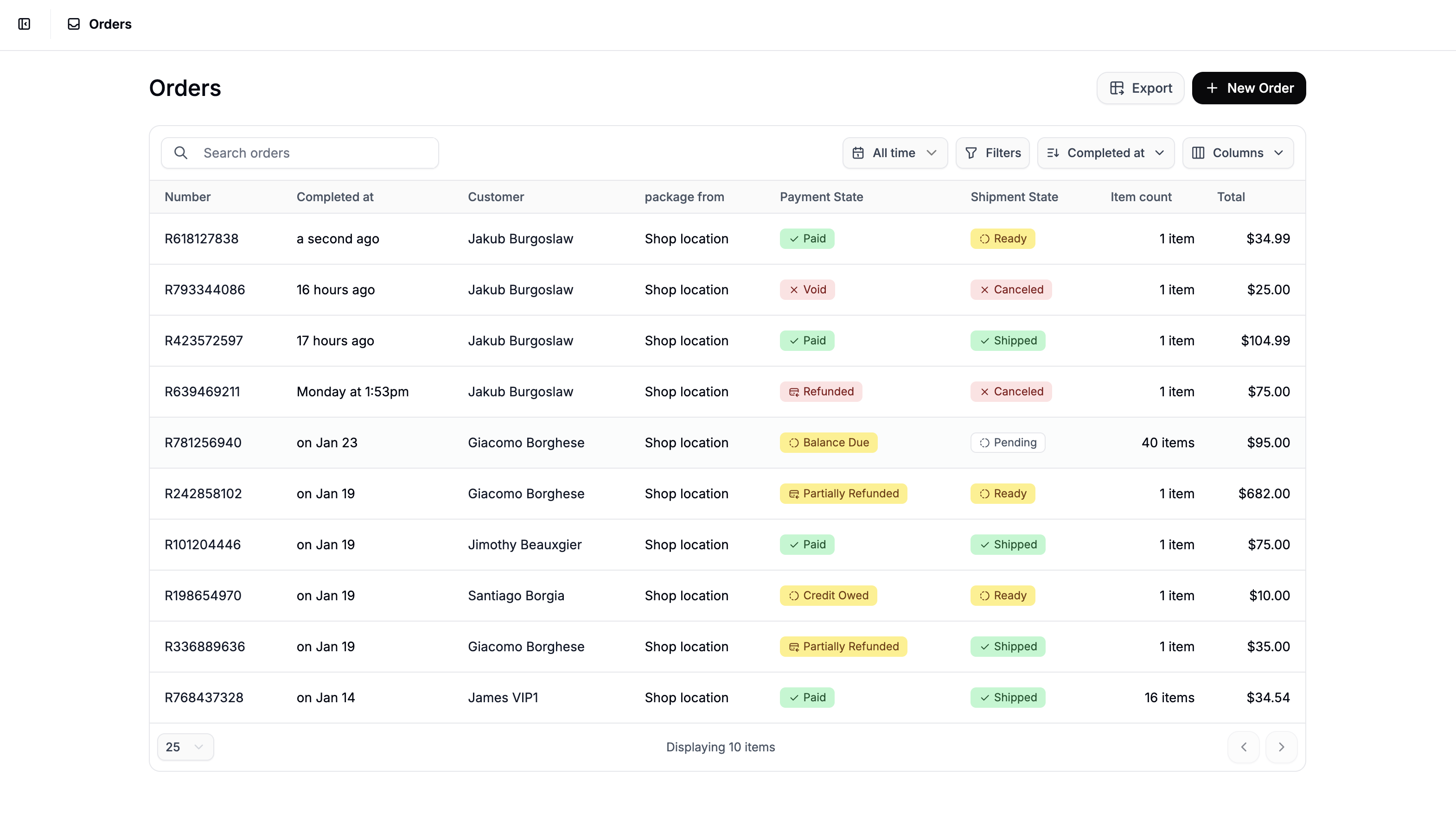 Spree Commerce Orders tab showing order states