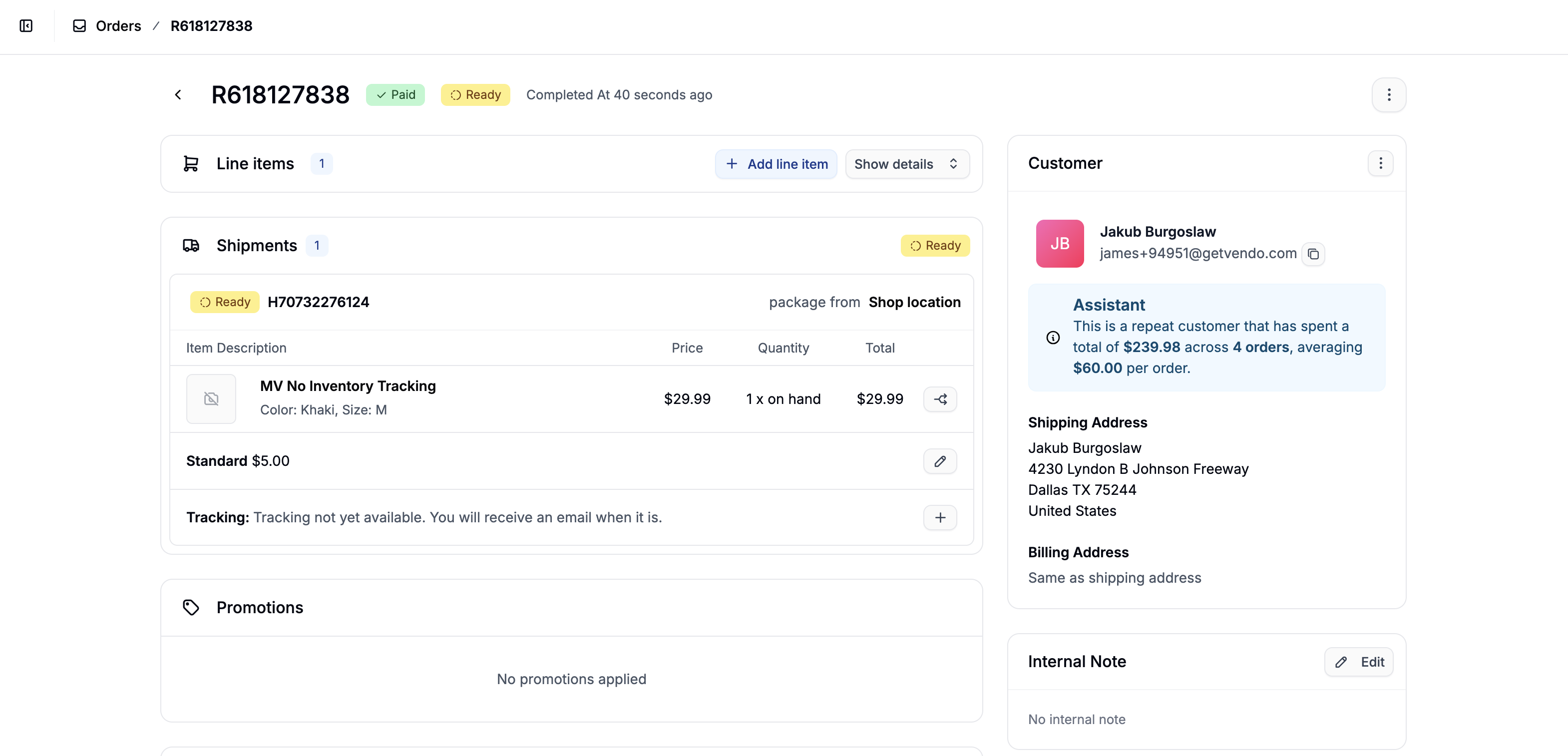 An order details page in the Spree Commerce admin dashboard