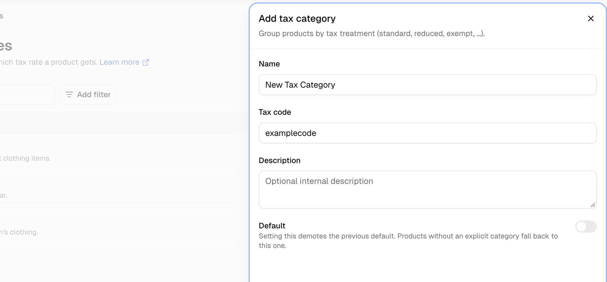 The Add tax category panel