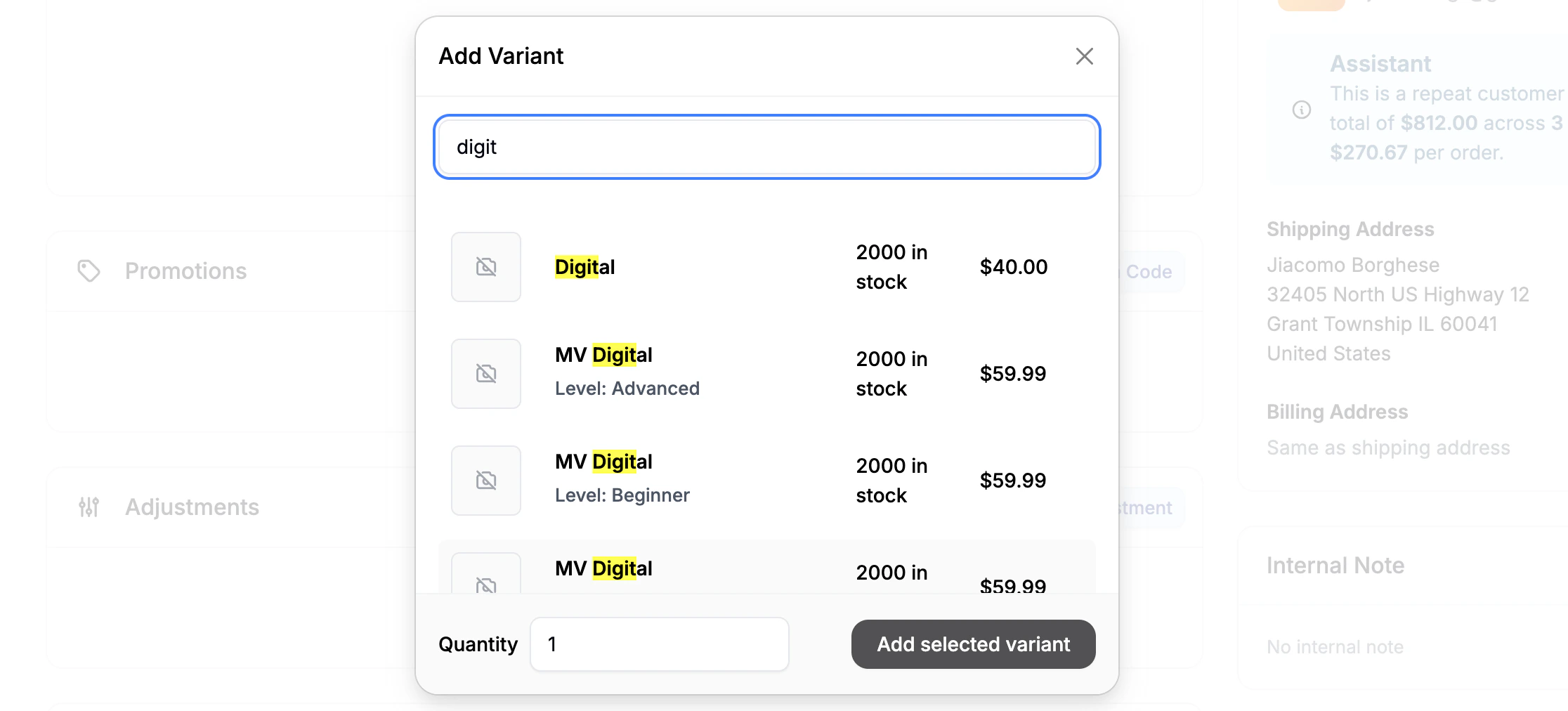 Selecting variants for an order in Spree Commerce