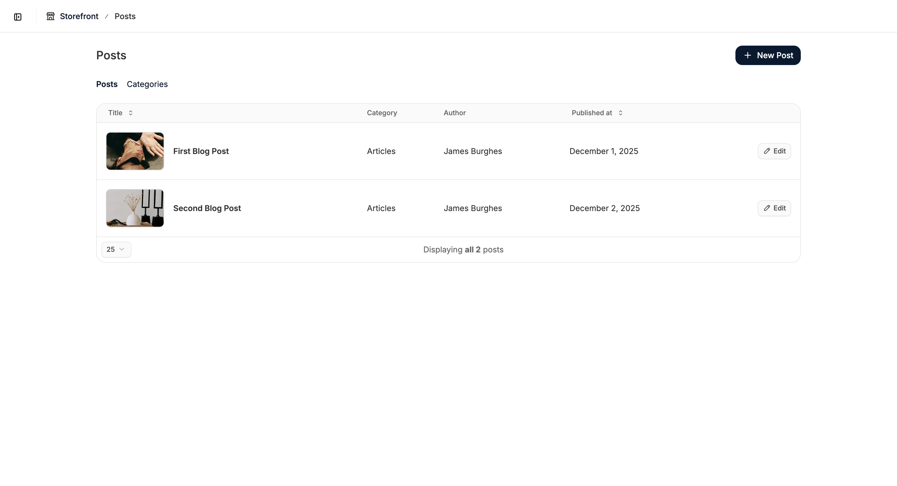 The Posts tab in the Spree Commerce dashboard
