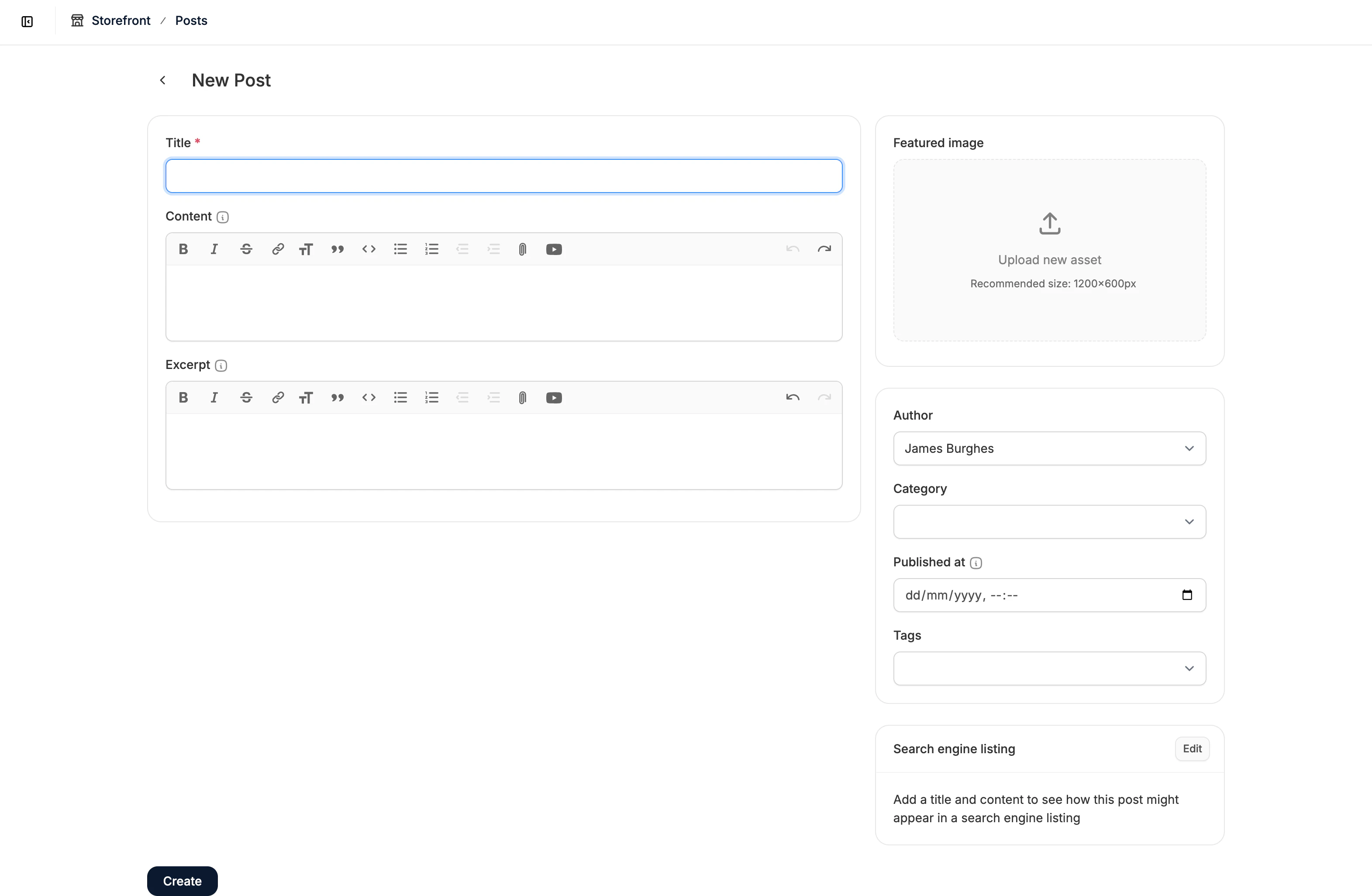 The Post creation form in the Spree Commerce dashboard