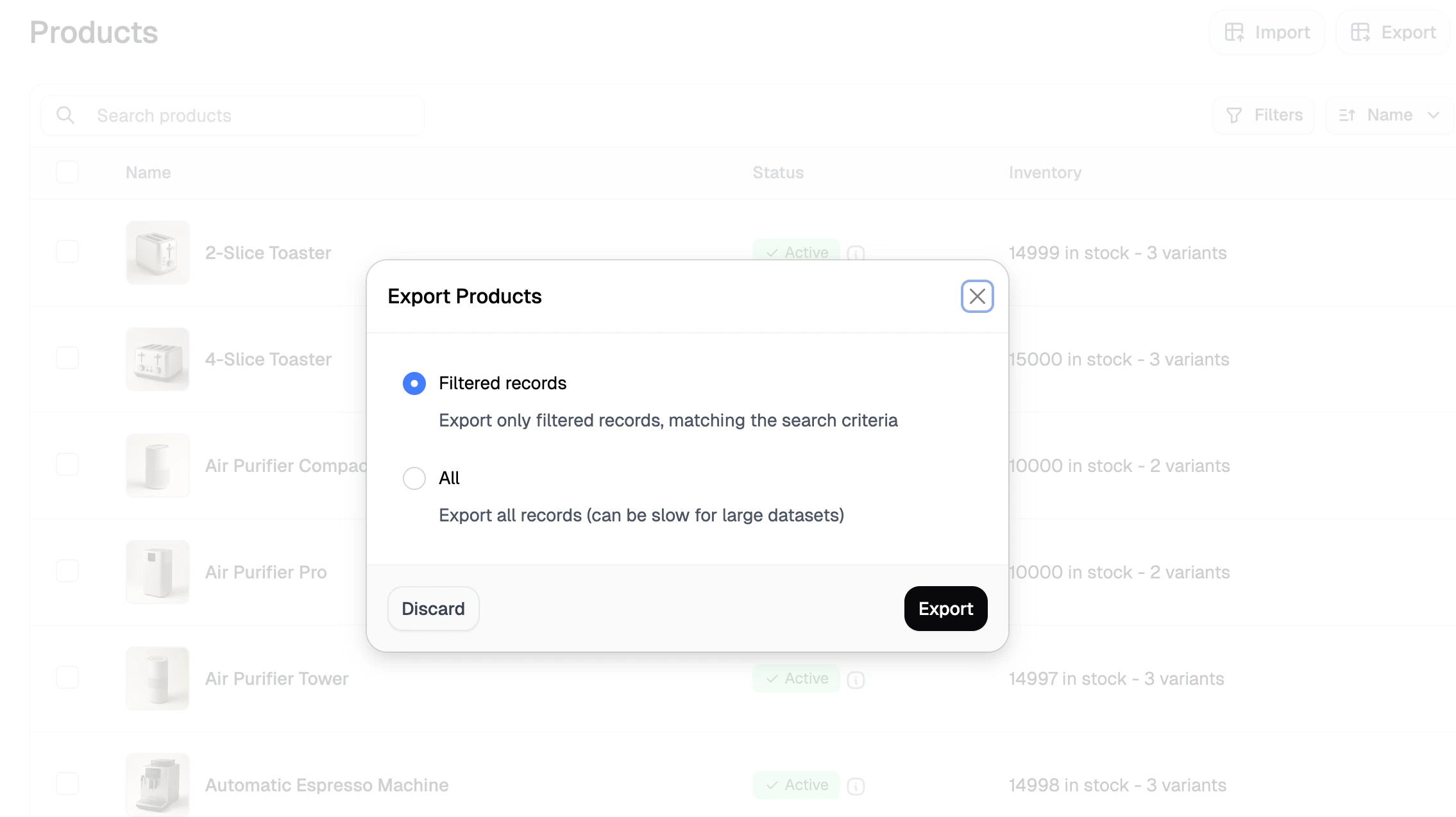 The export modal on the Products tab