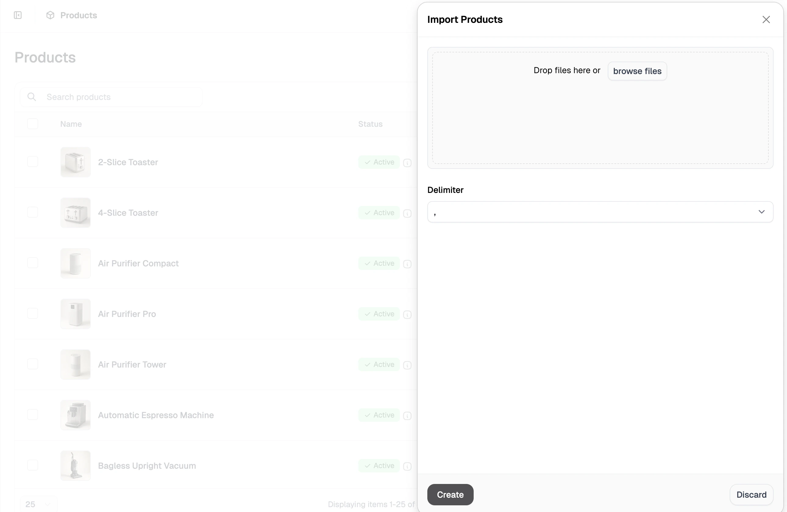 The import side panel on the Products tab