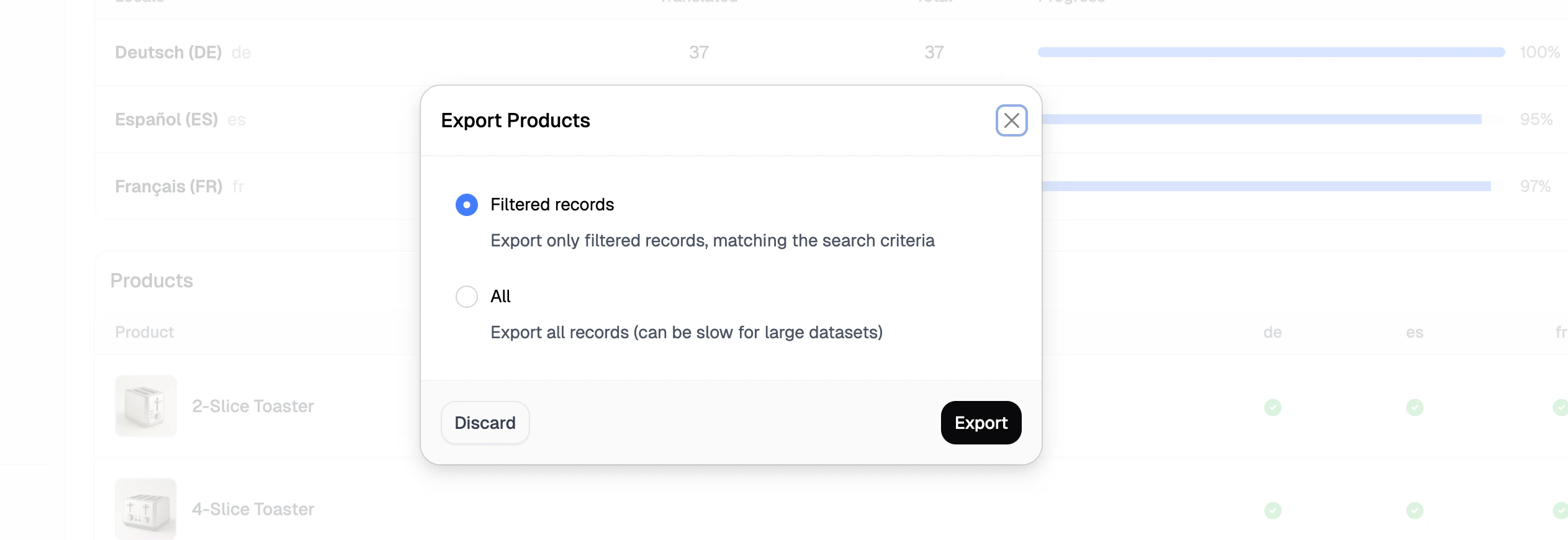 The export confirmation modal for translations
