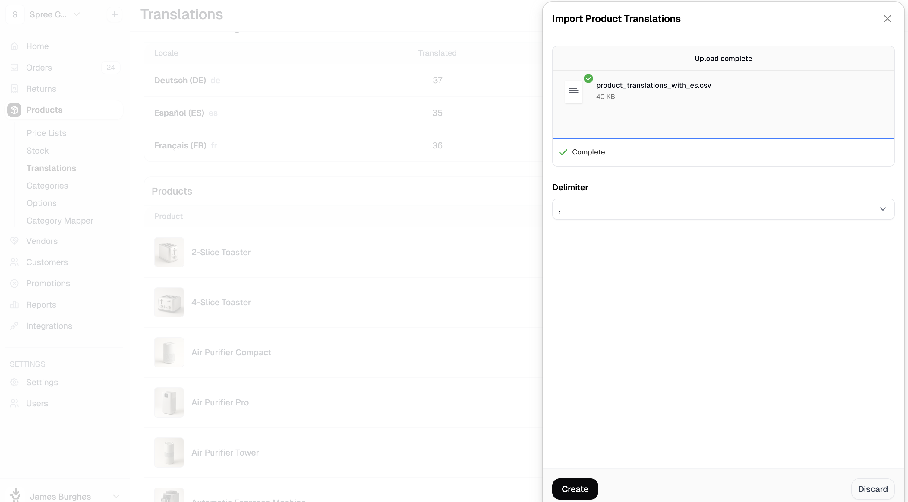 The import side panel for translations