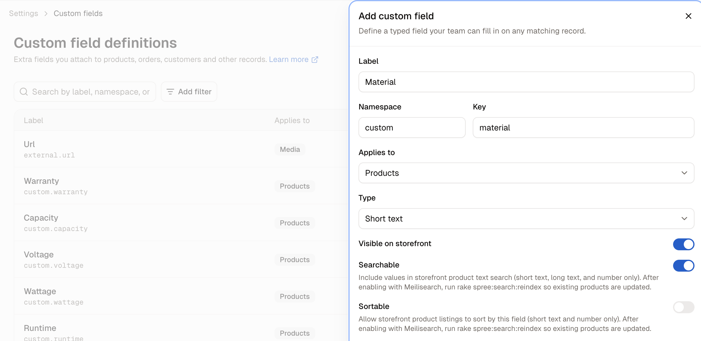 The Add custom field panel