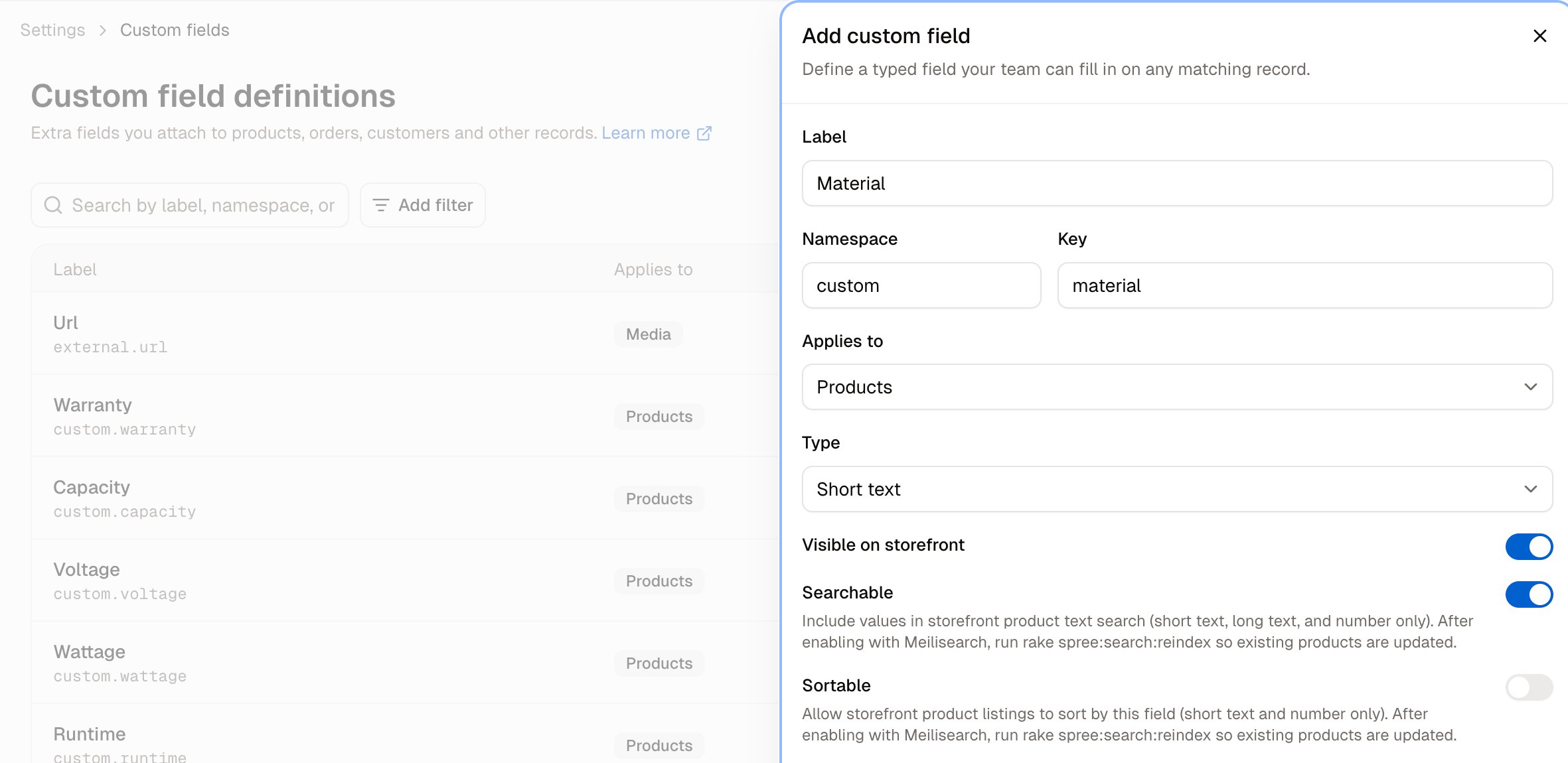 The Add custom field panel