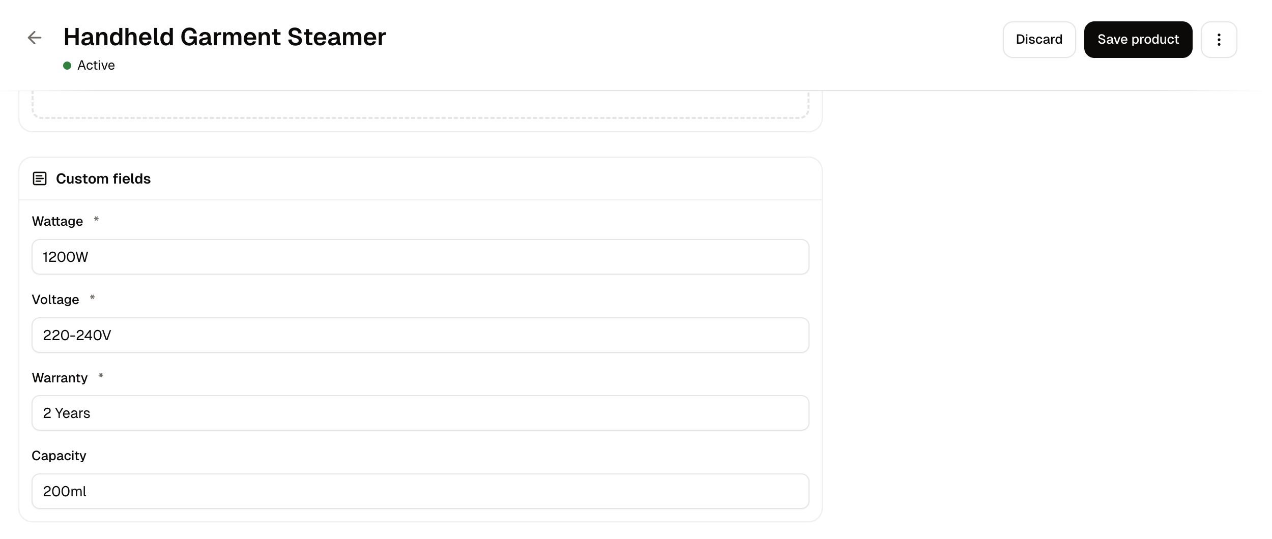 The Custom fields card on a product