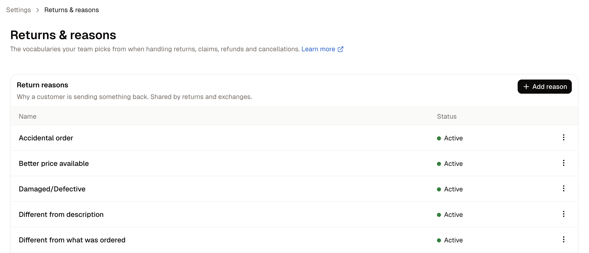 The Returns and reasons page, showing the four separate reason lists