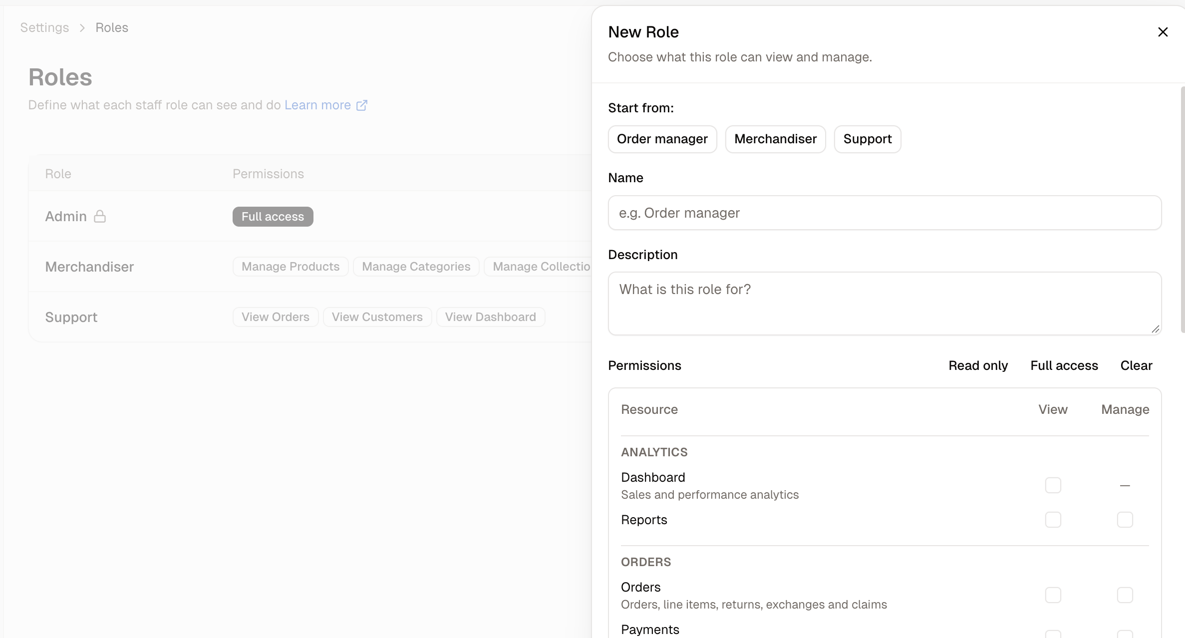 The New Role panel, with the starting templates and permission grid